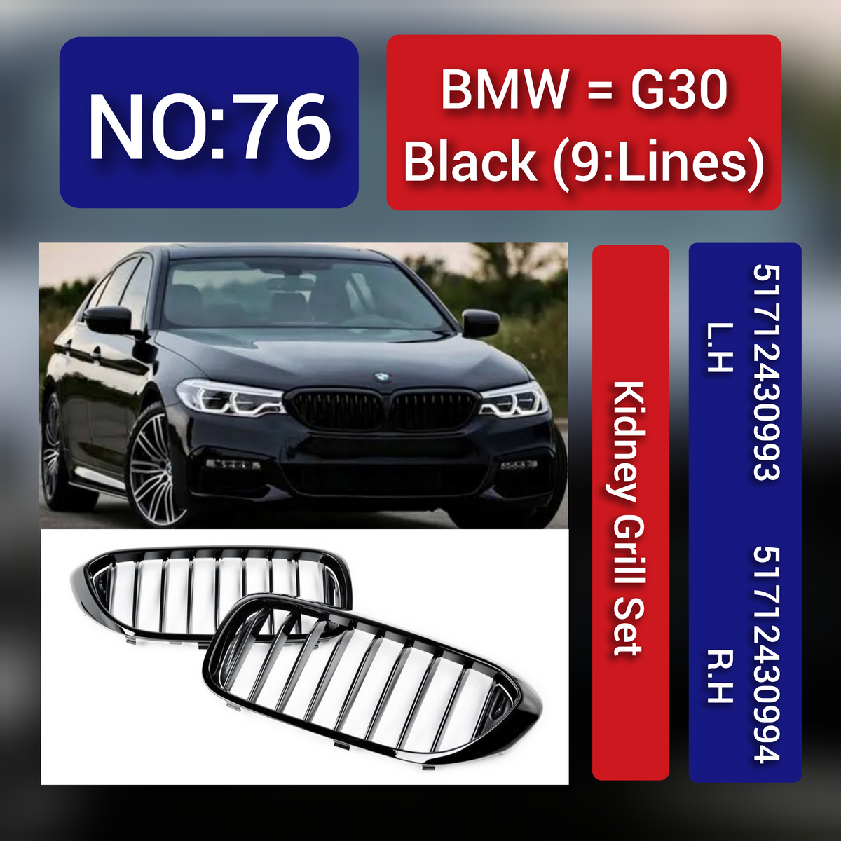 Kidney Grill Set 51712430993 L.H, & 51712430994 R.H Compatible With BMW 5 Series G30 Tag 76