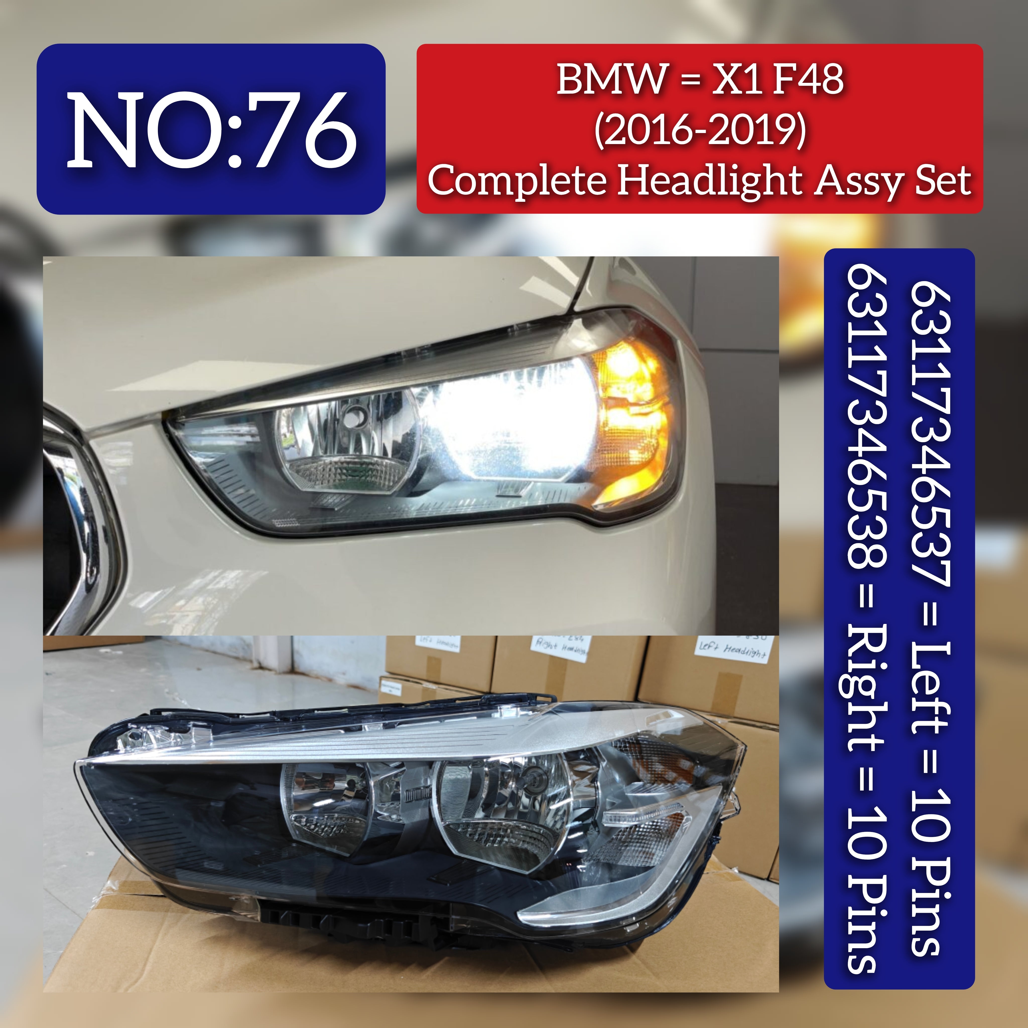 Complete Headlight Assy Left 63117346537 & Right 63117346538 Compatible With BMW X1 F48 (2016-2019) Tag No.76