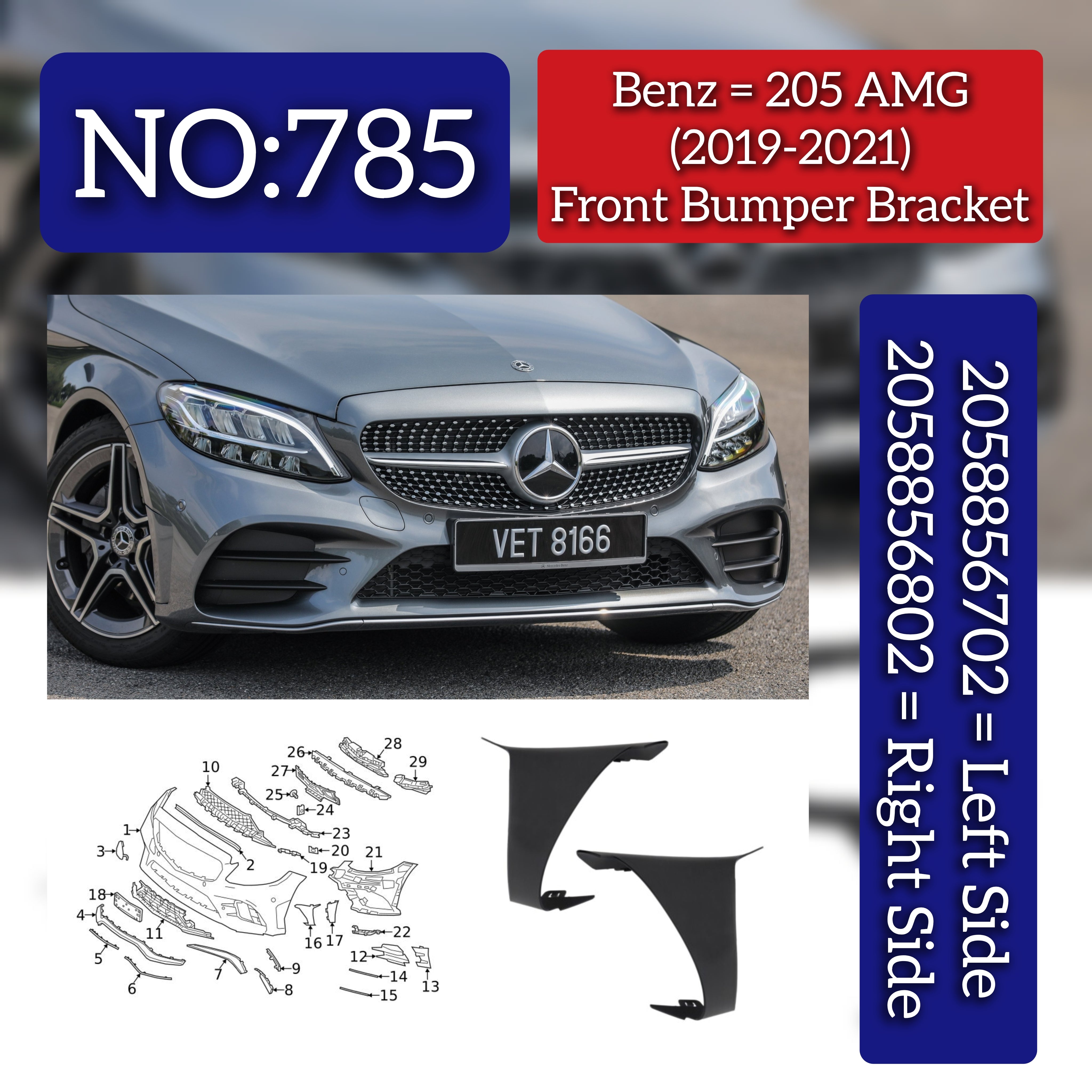 Front Bumper Bracket Left 2058856702 & Right 2058856802 Compatible With Mercedes-Benz C-CLASS W205 (2019-2021) Tag No.785