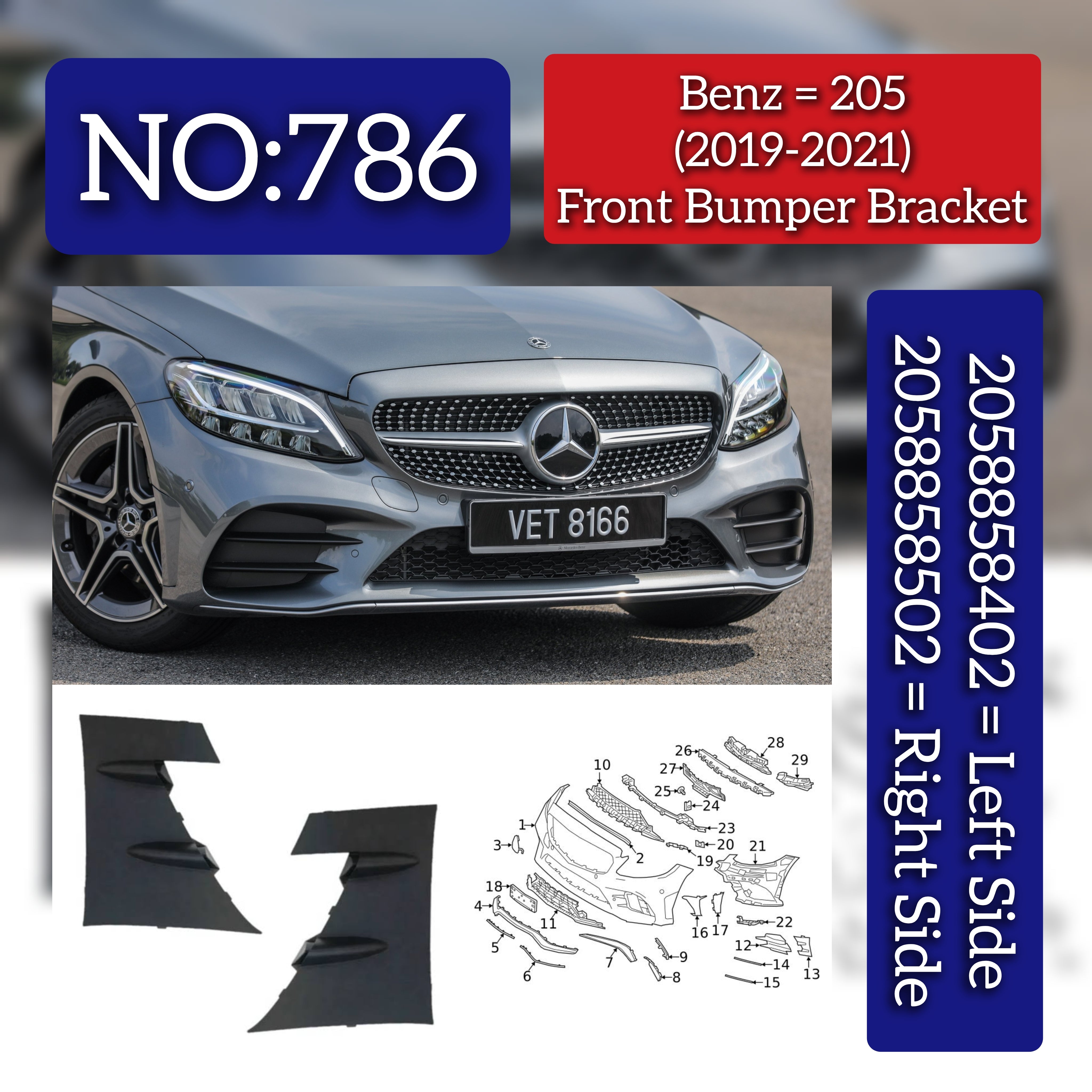 Front Bumper Bracket Left 2058858402 & Right 2058858502 Compatible With Mercedes-Benz C-CLASS W205 (2019-2021) Tag No.786