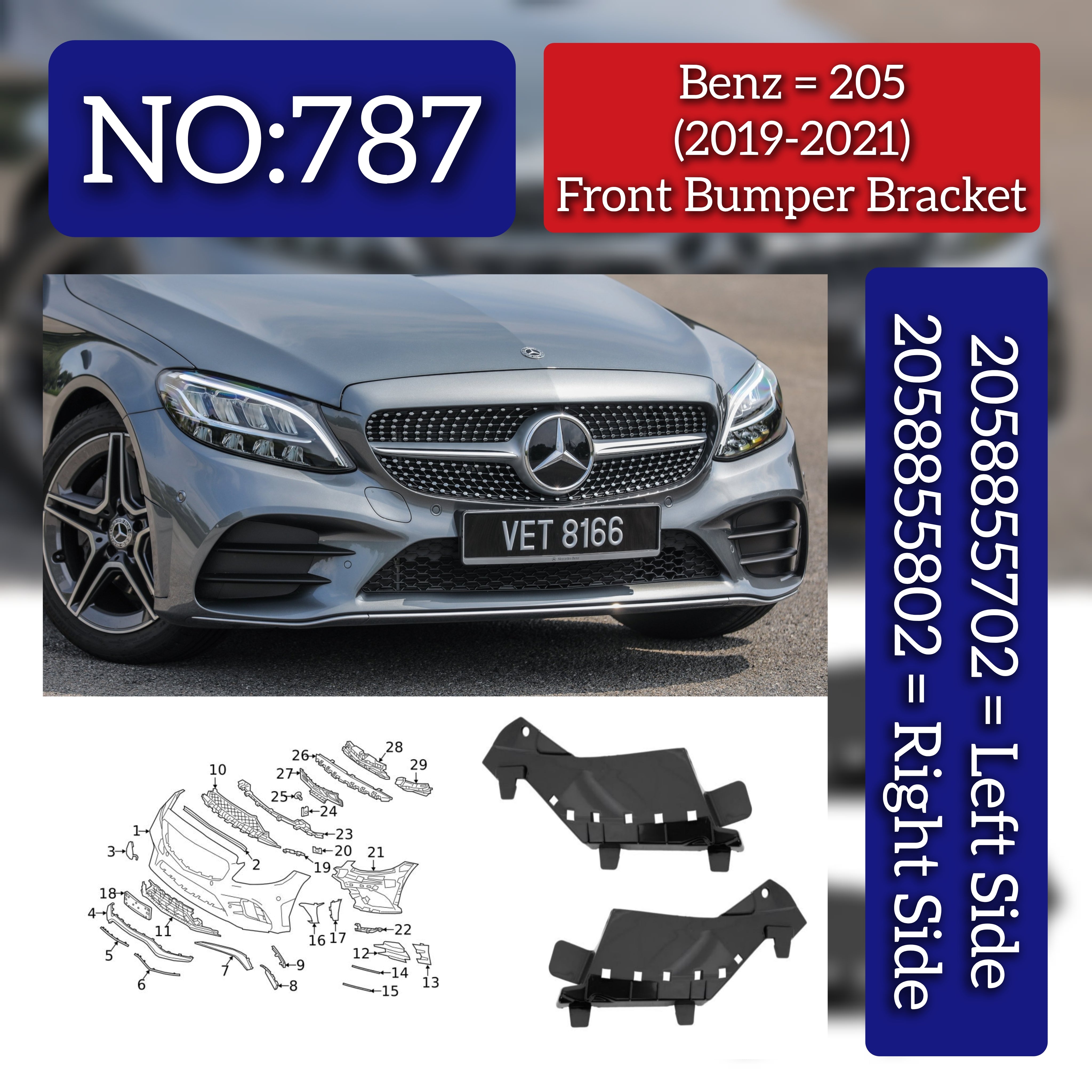 Front Bumper Bracket Left 2058855702 & Right 2058855802 Compatible With Mercedes-Benz C-CLASS W205 (2019-2021) Tag No.787