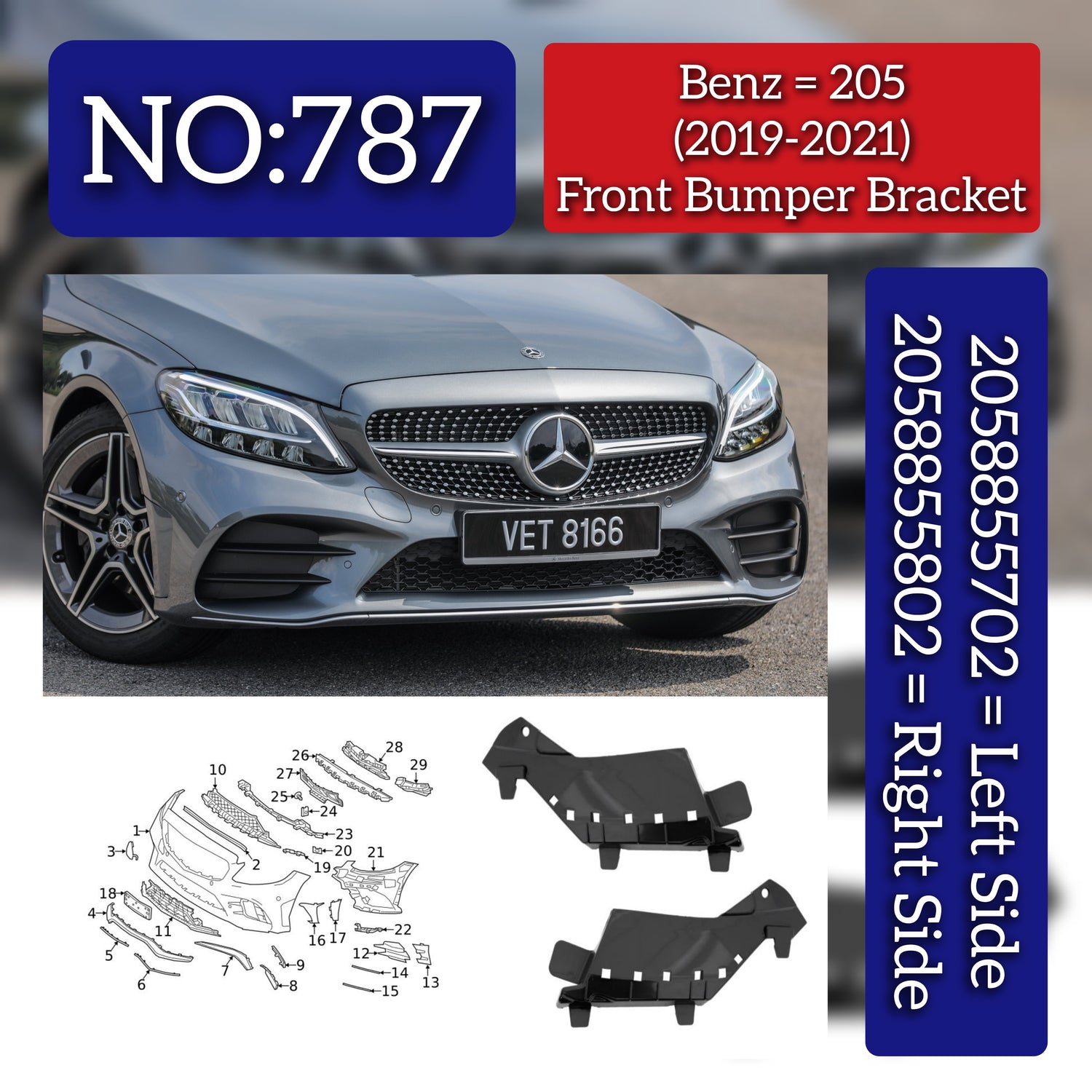 Front Bumper Bracket Left 2058855702 & Right 2058855802 Compatible With Mercedes-Benz C-CLASS W205 (2019-2021) Tag No.787