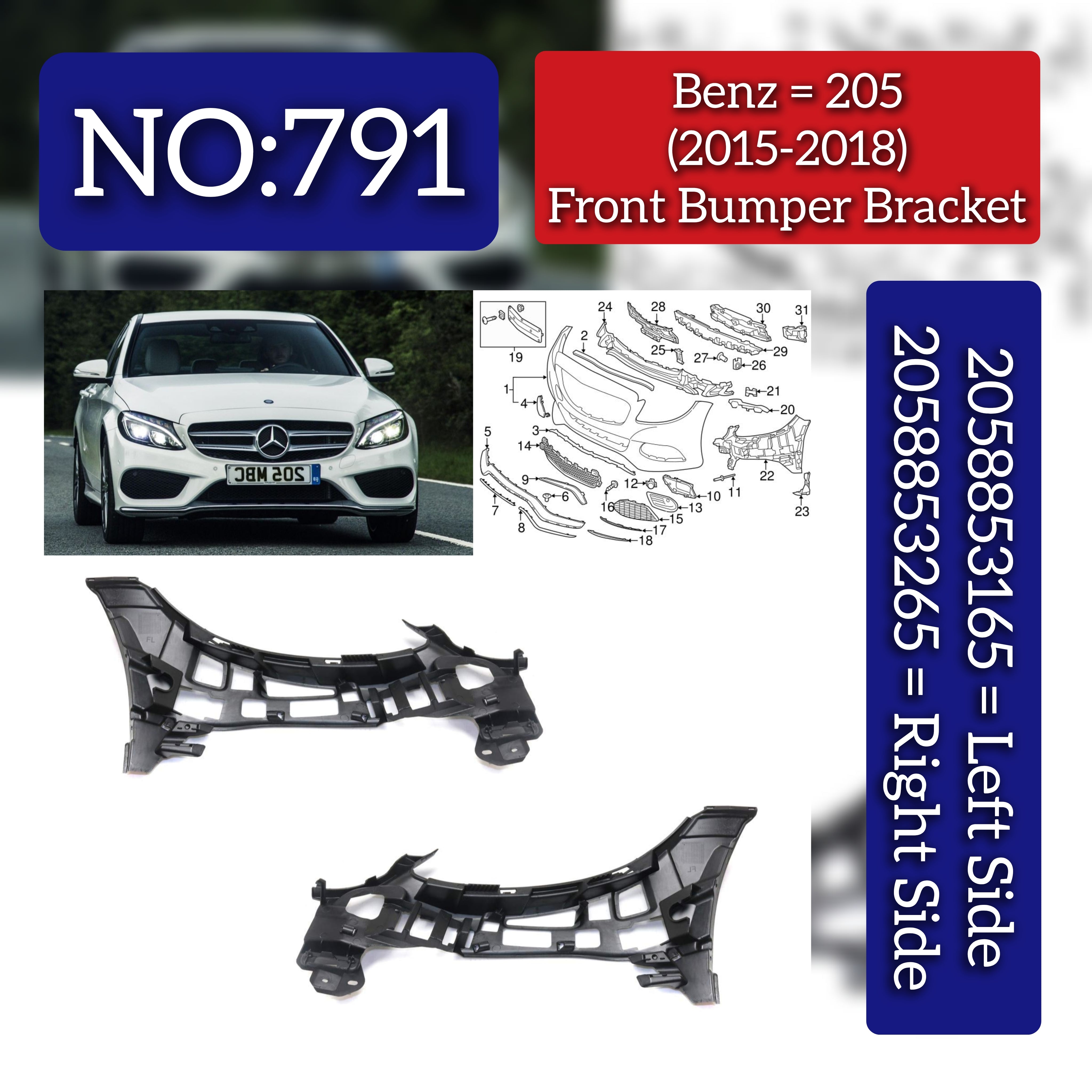 Front Bumper Bracket Left 2058853165 & Right 2058853265 Compatible With Mercedes-Benz C-CLASS W205 (2015-2018) Tag No.791