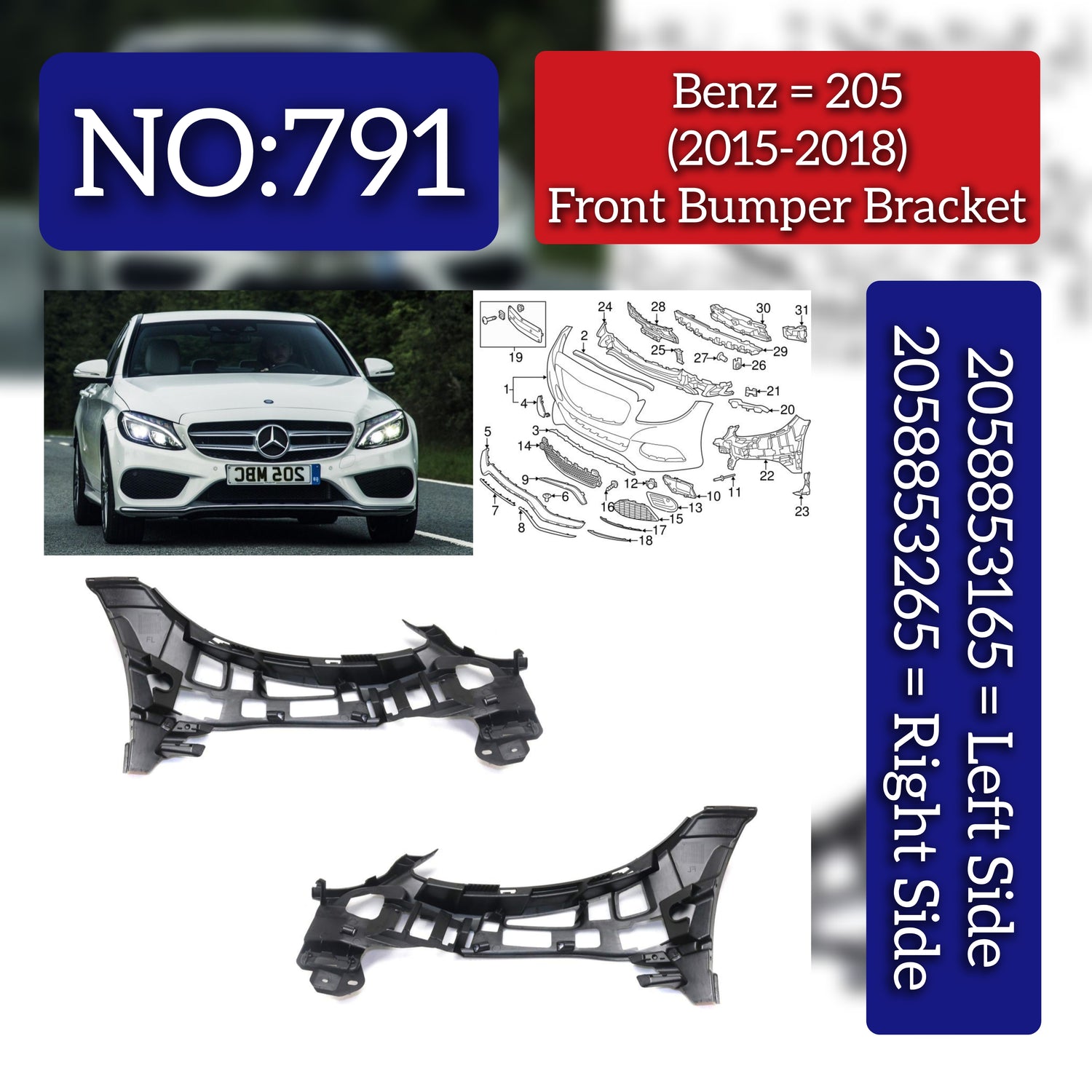 Front Bumper Bracket Left 2058853165 & Right 2058853265 Compatible With Mercedes-Benz C-CLASS W205 (2015-2018) Tag No.791