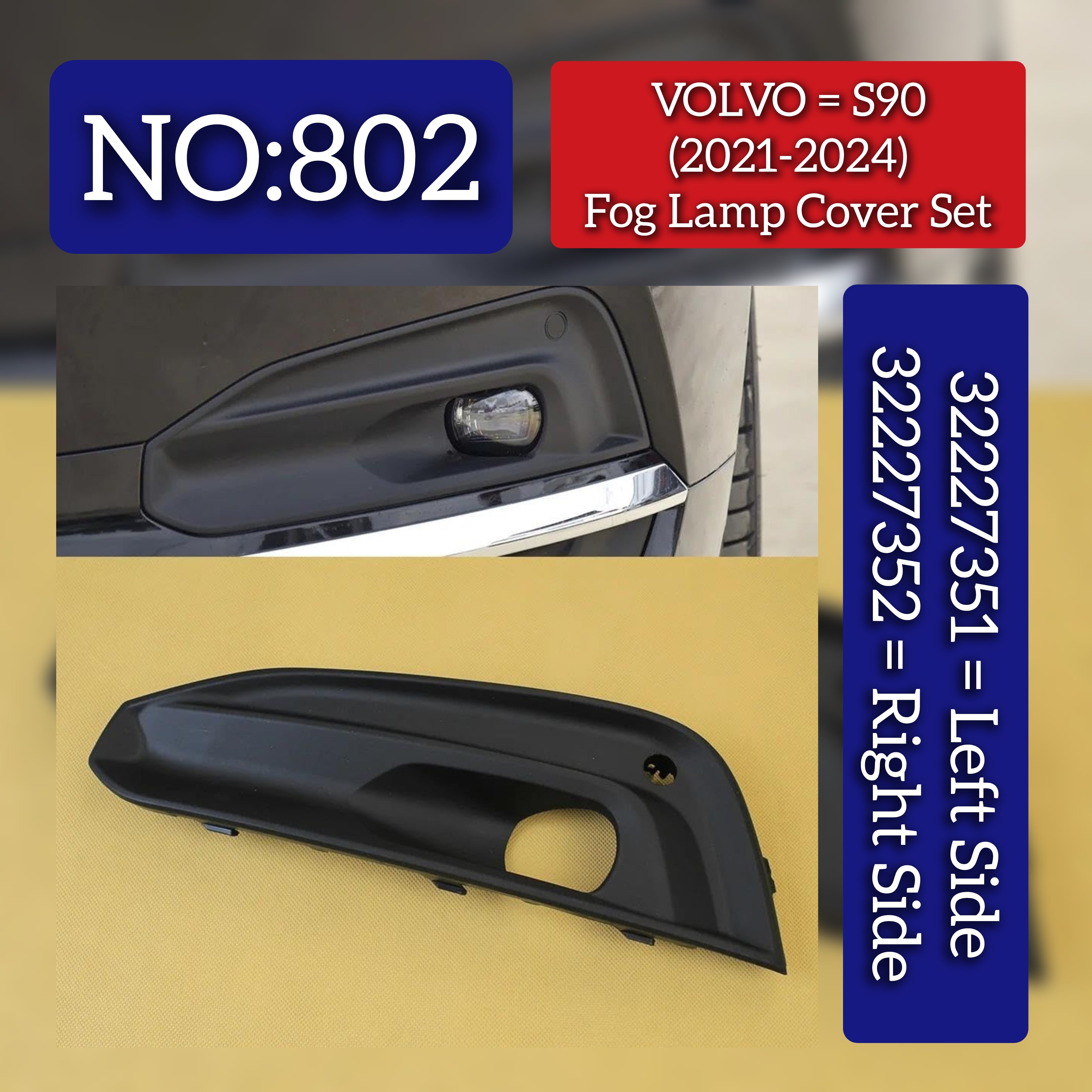 Fog Lamp Cover Set Left 32227351 & Right 32227352 Compatible With VOLVO S90 (2021-2024) Tag No.802
