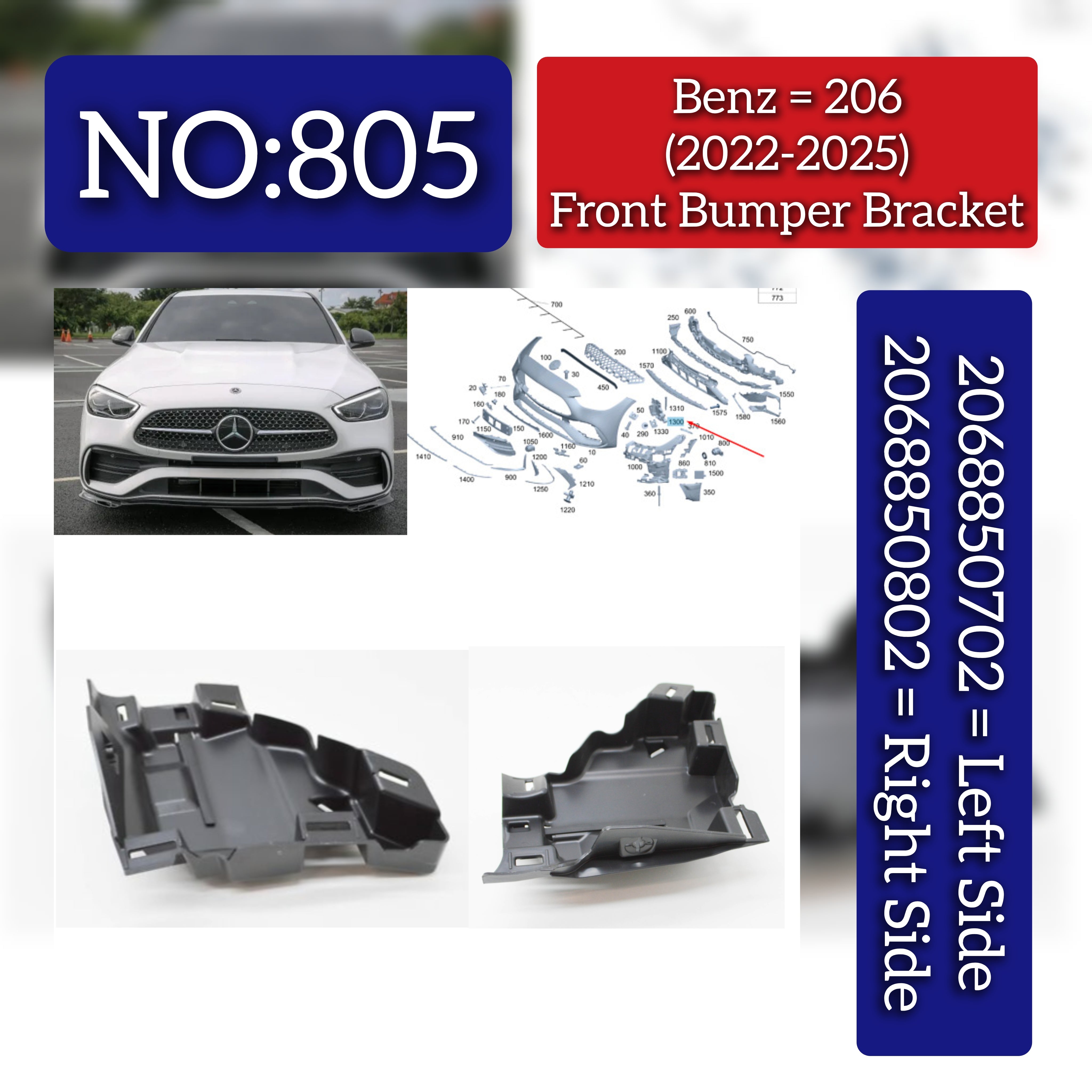 Front Bumper Bracket Left 2068850702 & Right 2068850802 Compatible With Mercedes-Benz C-CLASS W206 (2022-2025) Tag No.805