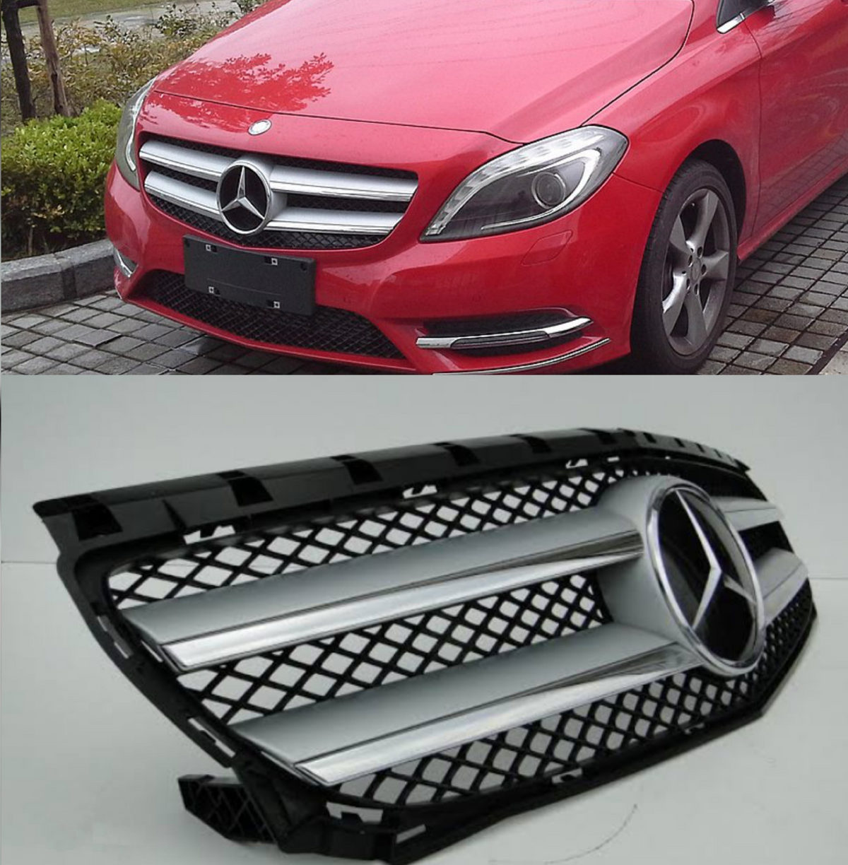 Classic Silver Chrome (2 Lines) Show Grill  Compatible With  Mercedes Benz B-Class W246 (2012-2015) Tag 42