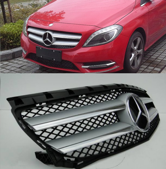 Classic Silver Chrome (2 Lines) Show Grill  Compatible With  Mercedes Benz B-Class W246 (2012-2015) Tag 42