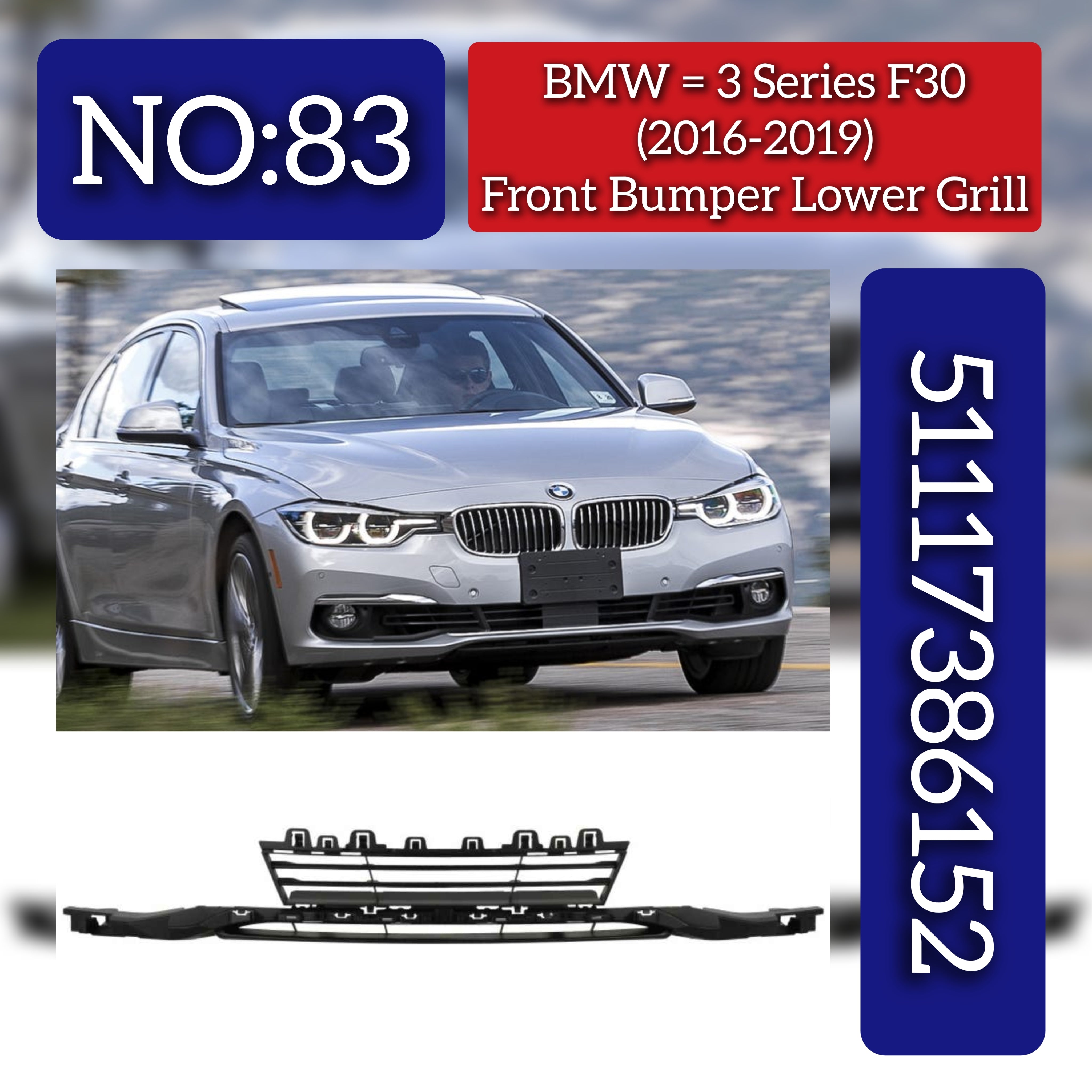 Front Middle Bumper Lower Center Mesh Bezel Grille 51117386152 51117397625 Compatible With BMW 3 Series (F30, F80) (2016-2019) Tag-BG-83