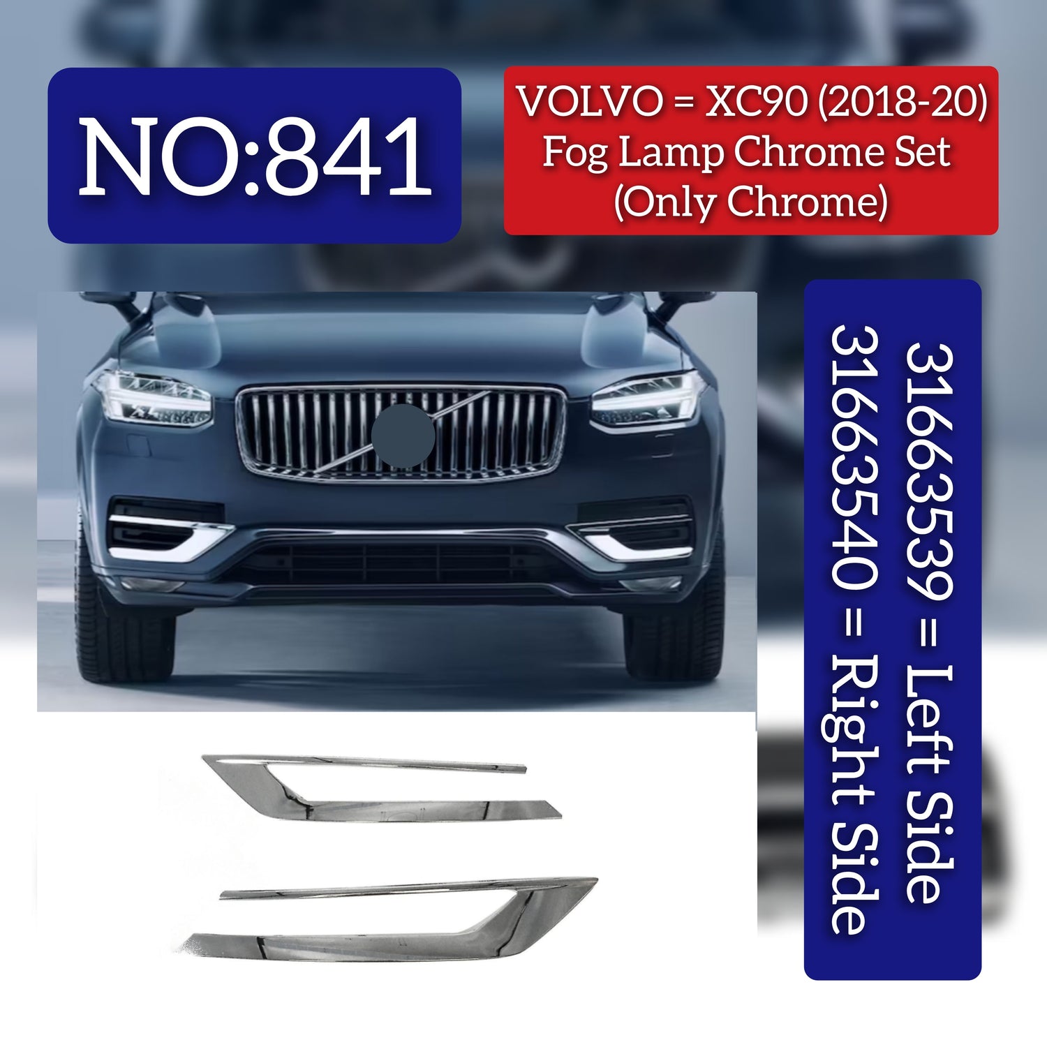 Fog Lamp Chrome Left 31663539 & Right 31663540 Compatible With Volvo XC90 & (275) (2018-2020) Tag No.841