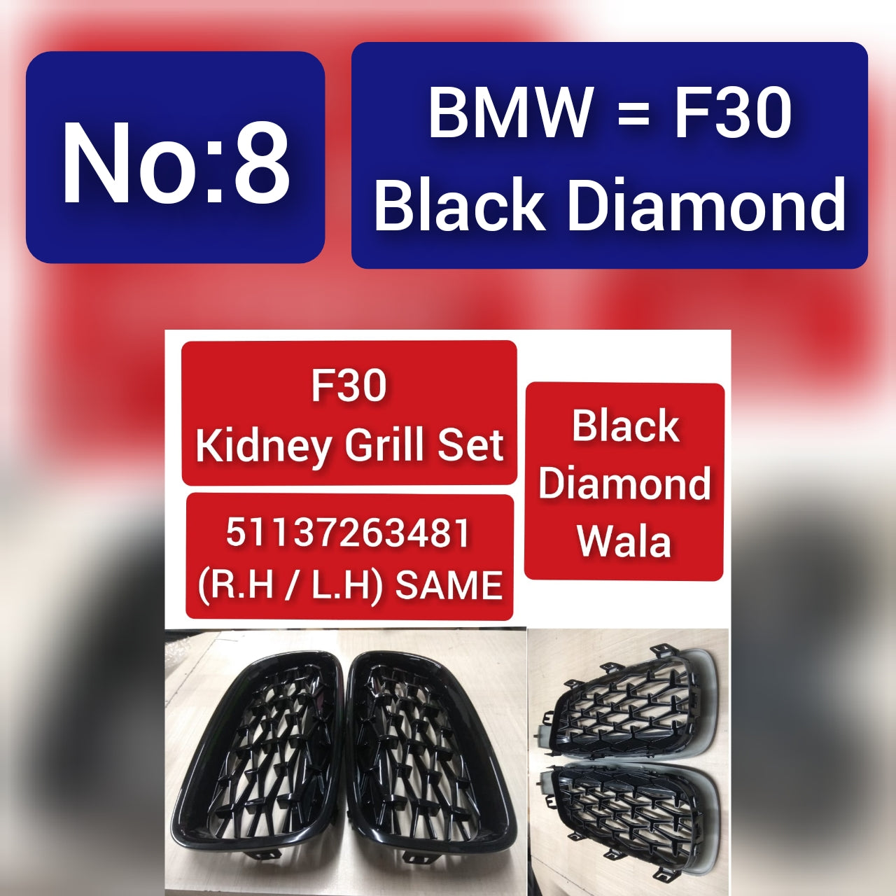 Black Diamond  Kidney Grill Set 51137263481 (R.H/L.H) SAME Compatible With BMW 3 Series F30 Tag 8