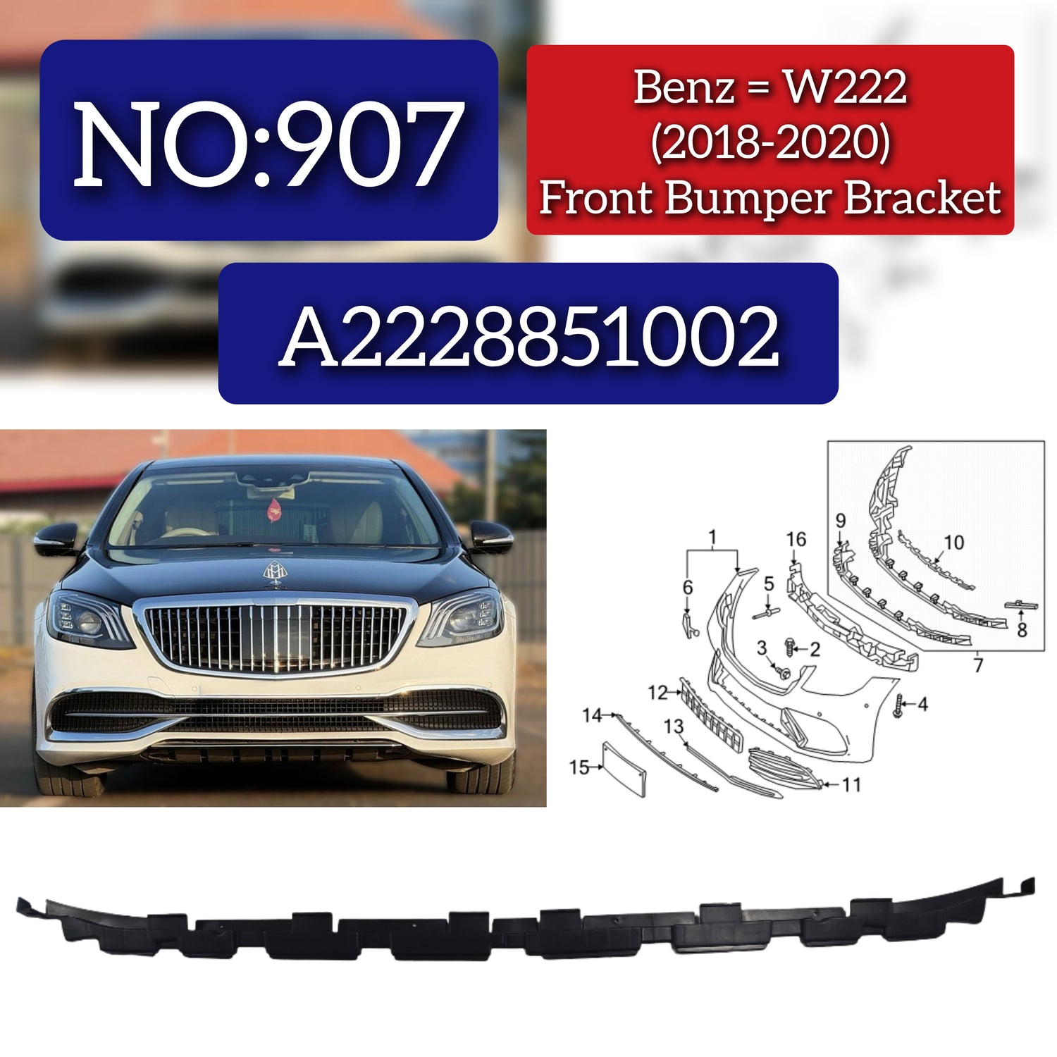 Front Bumper Bracket 2228851002 A2228851002 Compatible With Mercedes Benz W222 (2018-20) Tag No.907