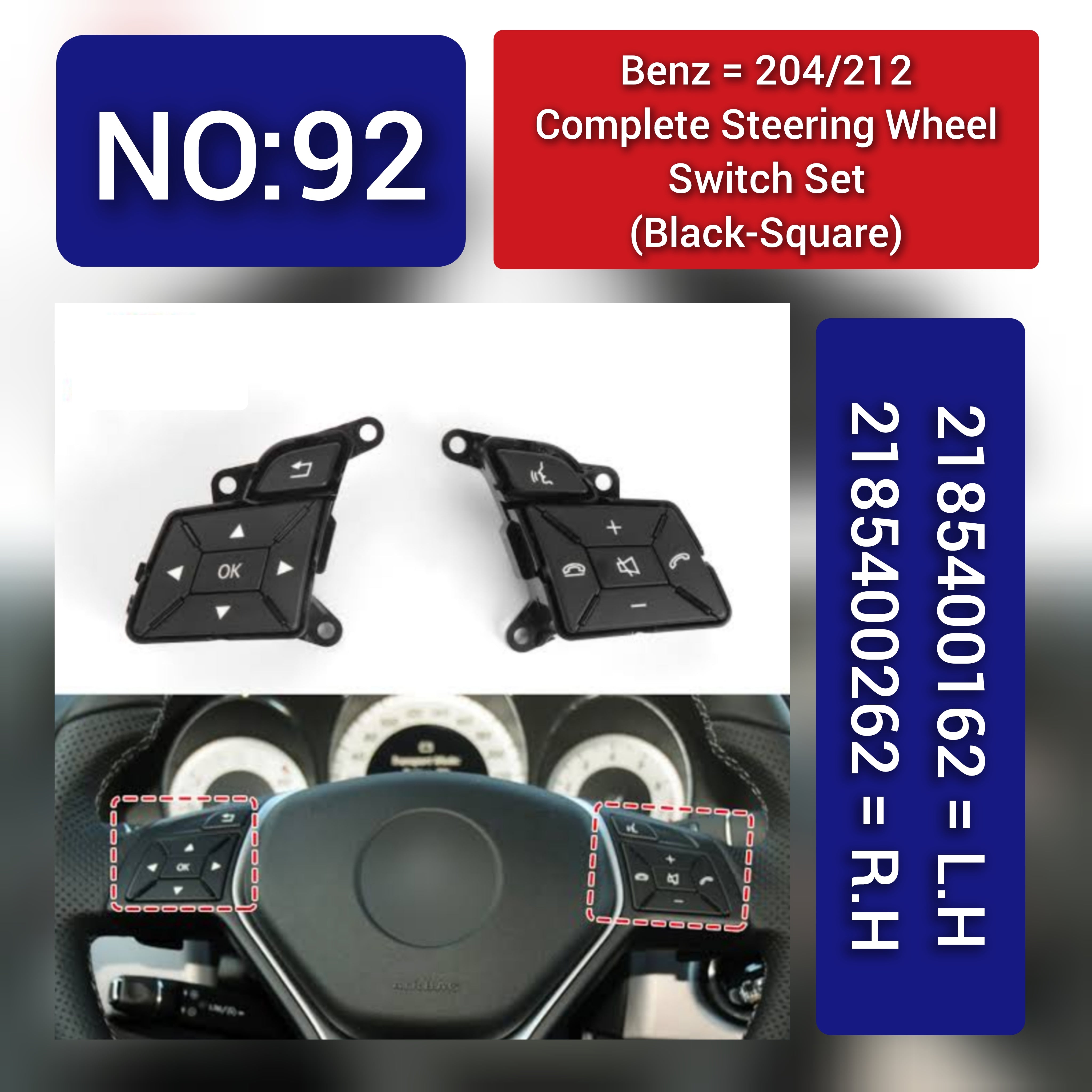 Black-Square Steering Wheel Switch Control Buttons 2185400162 2185400262 Compatible with MERCEDES BENZ C-CLASS W204 & E-CLASS W212 & CLS C218