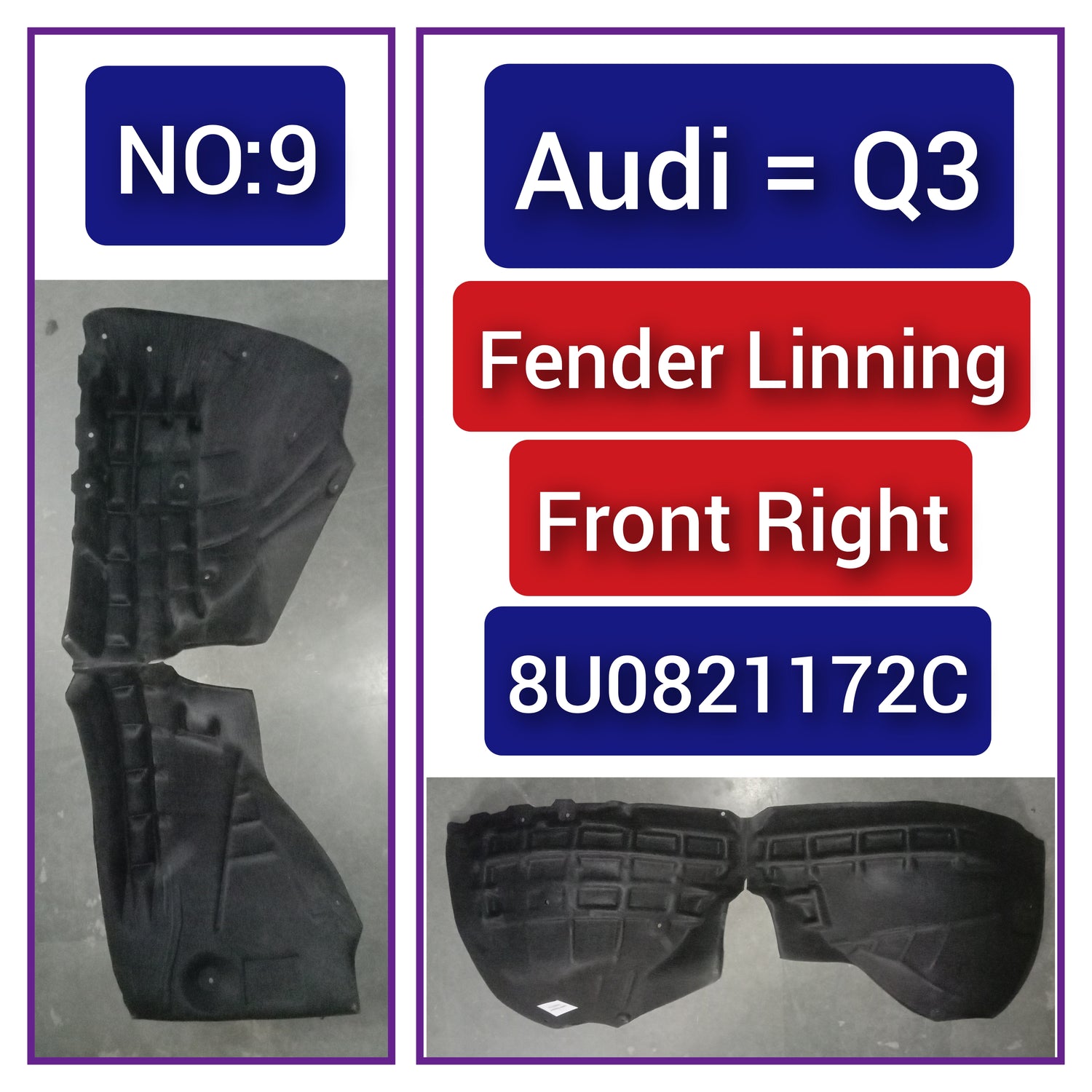 Front Right Fender Liner 8U0821172C 8U0821172E Compatible With AUDI Q3 Tag-FEA-09