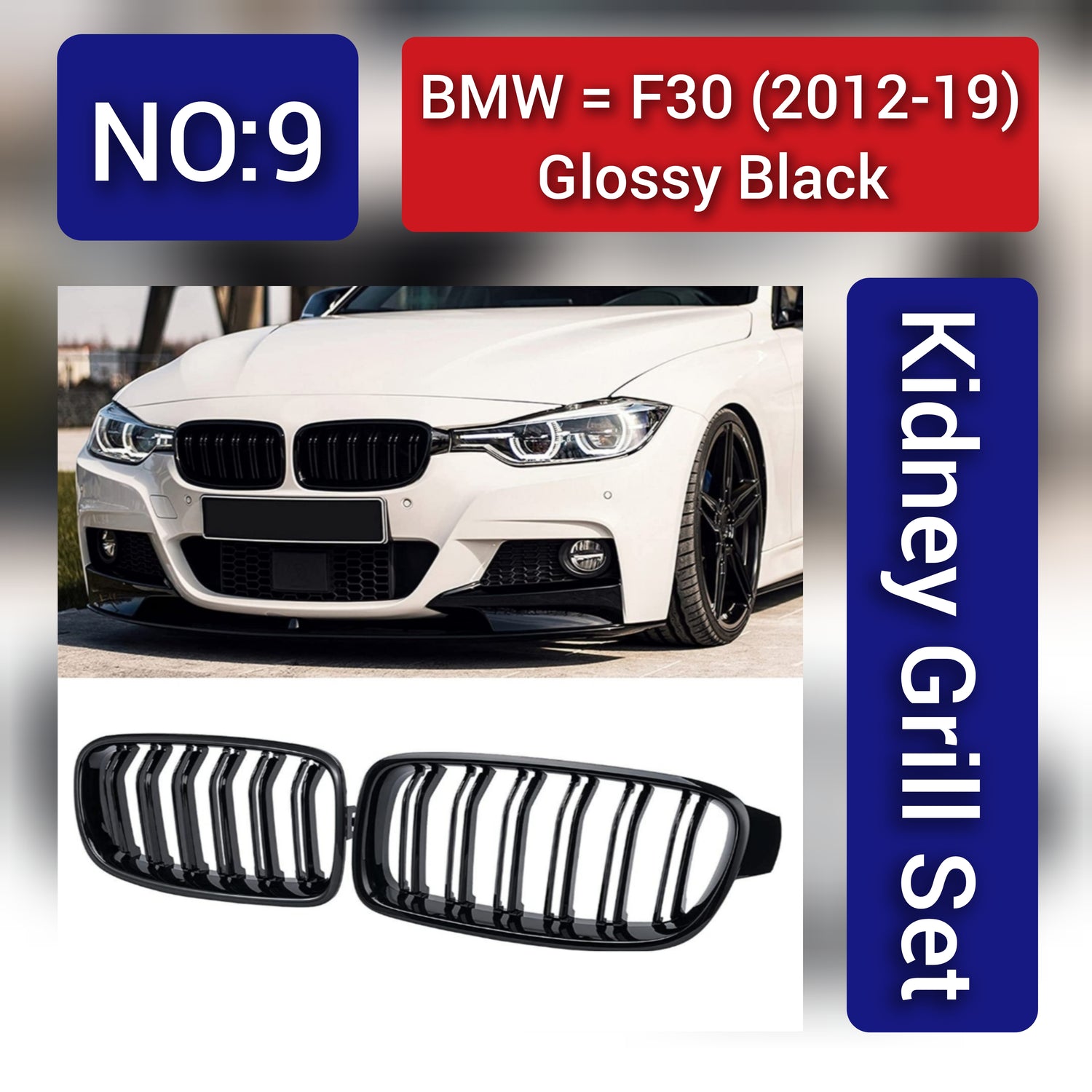 Glossy Black Kidney Grill Set Compatible With BMW 3 Series F30 (2012-19)Tag 9