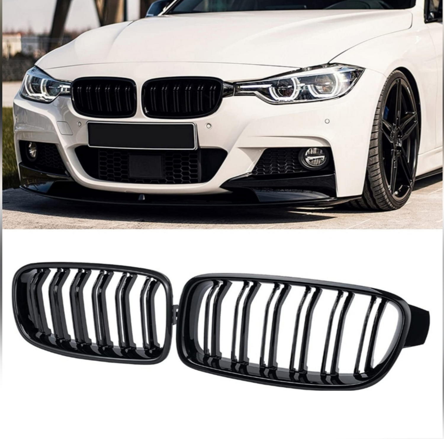 Glossy Black Kidney Grill Set Compatible With BMW 3 Series F30 (2012-19)Tag 9