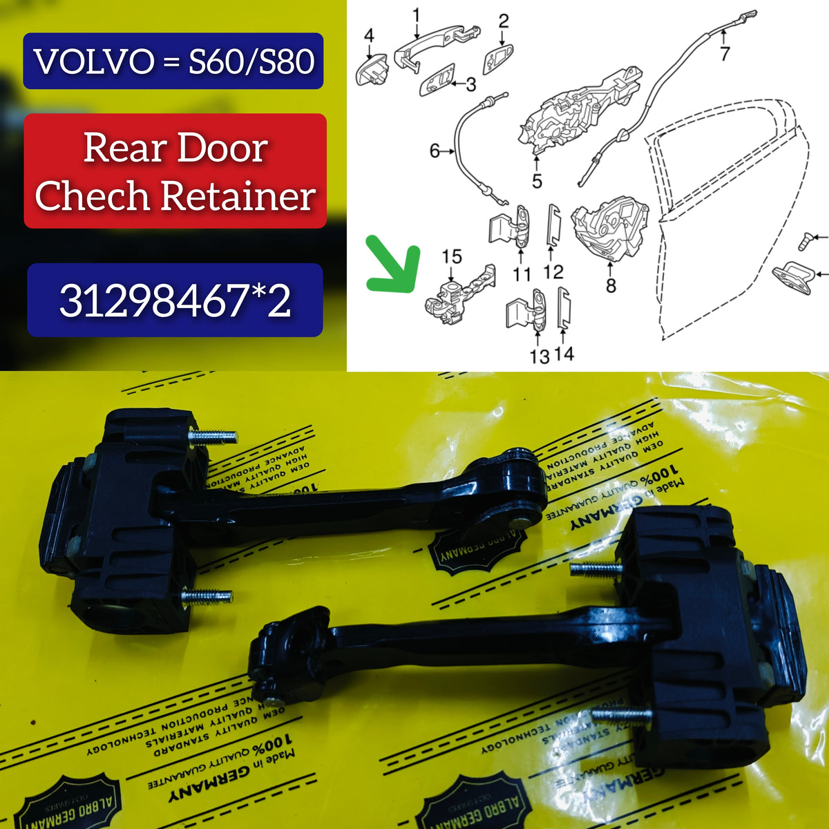 Rear Door Check Retainer 31298467A Compatible With VOLVO S60 & S80 (2011-18)