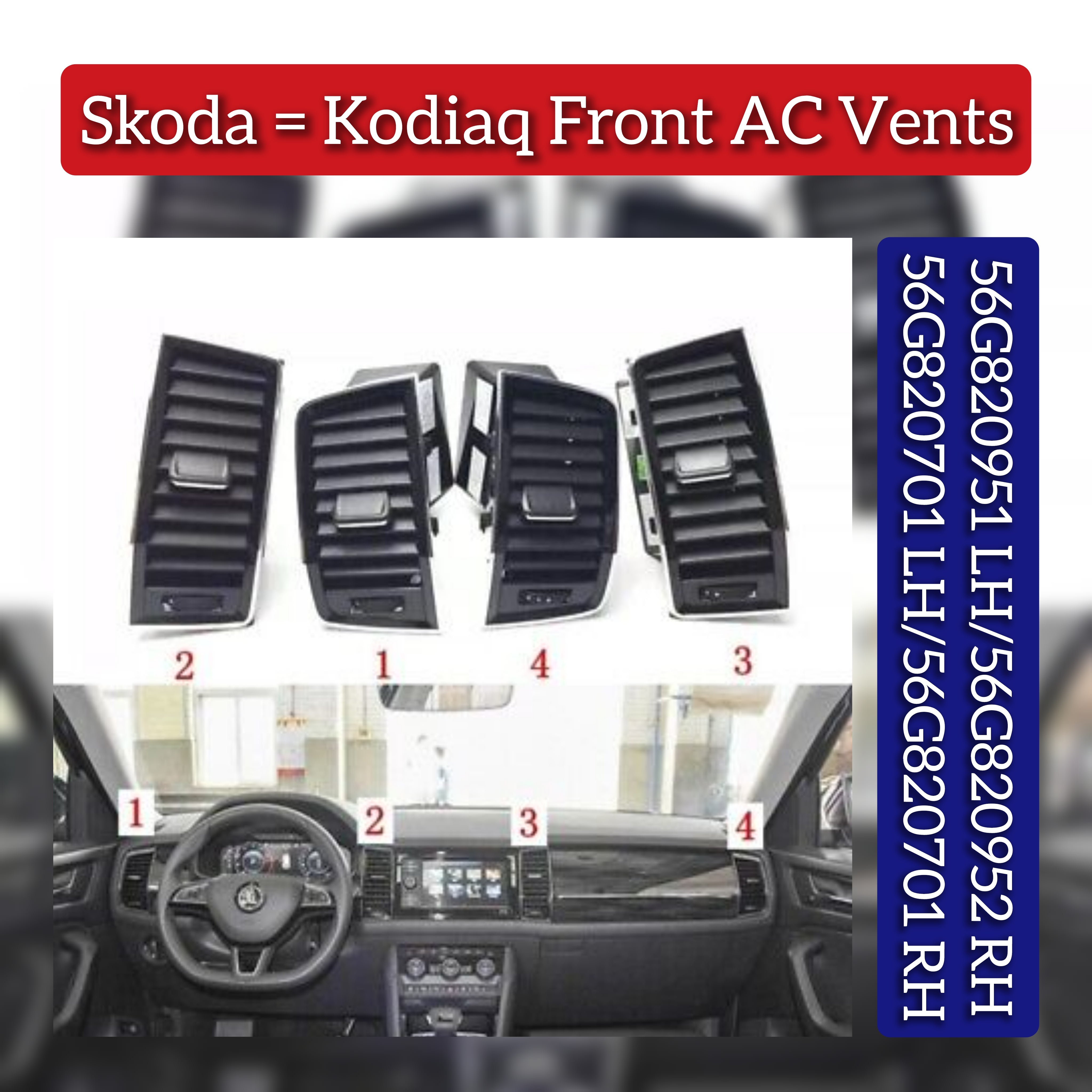 Black Ac Vent Grille Assembly Center-Left 56G820951 & Center-Right 56G820952  & Right 56G819702 & Left 56G819701 Compatible With Skoda Kodiaq