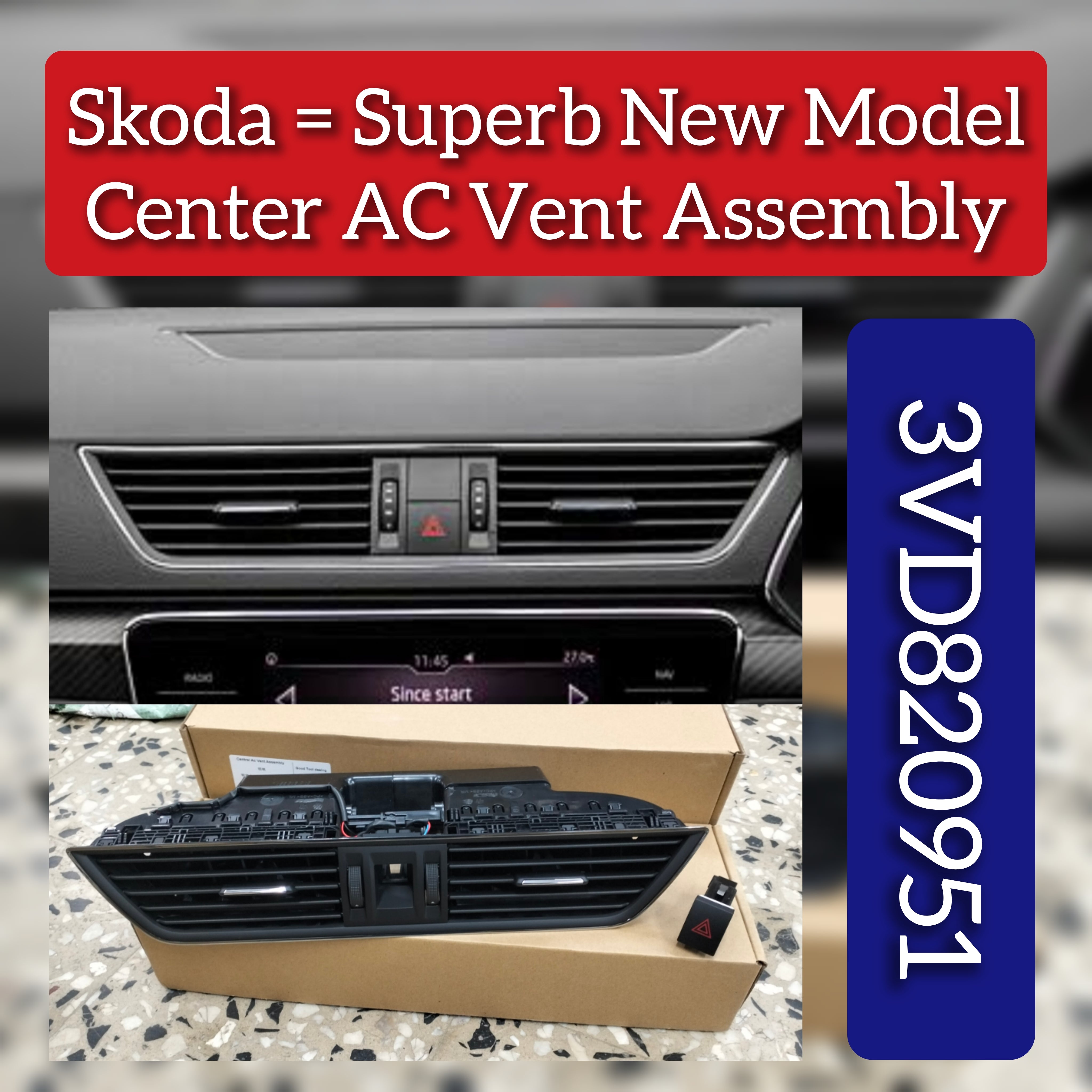 Black Ac Vent Grille Assembly Center 3VD820951  & Right & Left  Compatible With Skoda Superb (New Model)