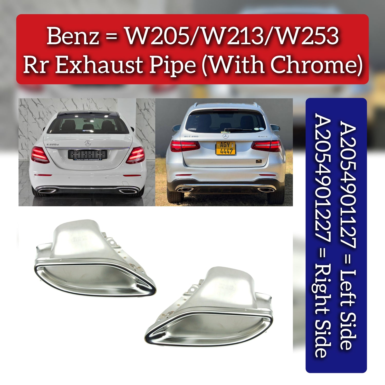 Rear Exhaust Pipe Cover With Chrome Set Left 2054901127 & Right 2054901227 Compatible With Mercedes Benz GLC W205-W213-W253
