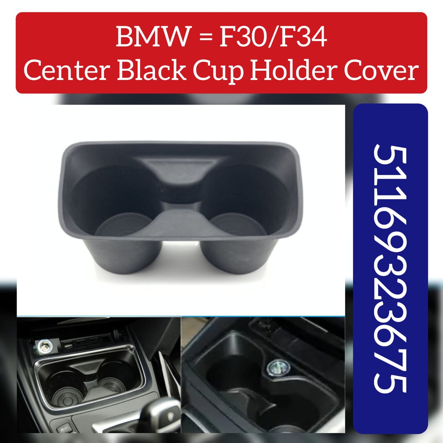 Center Black Cup Holder Cover 51169323675 51169323675-1 Compatible With BMW 3-Series F30 & F34