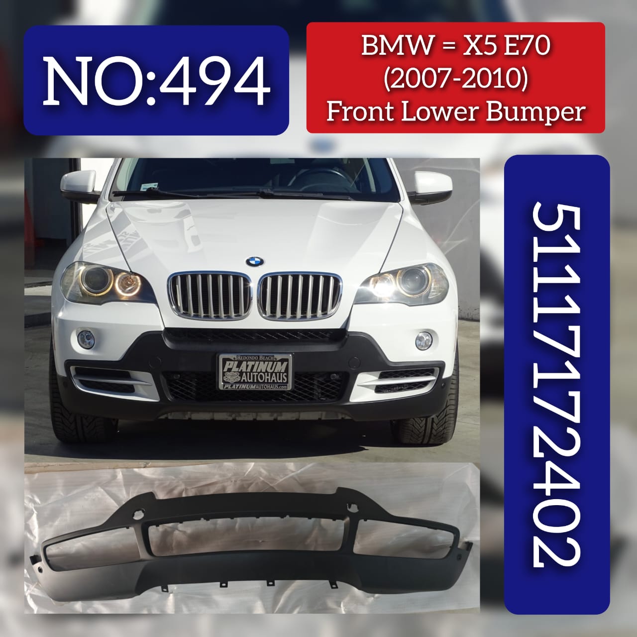 Front Bumper 51117172402 Compatible With BMW  X5 E70 2006-2014 Tag No.494
