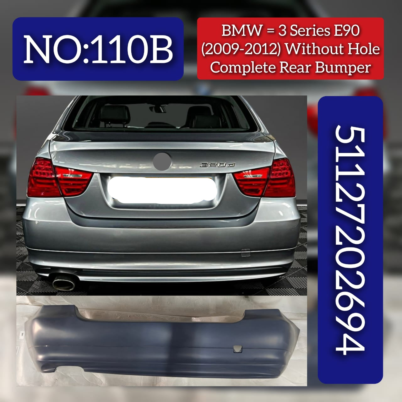 Rear Bumper Without Hole 51127202694 Compatible With BMW  BMW 3 SERIES E90 2006-2012 Tag No.110B