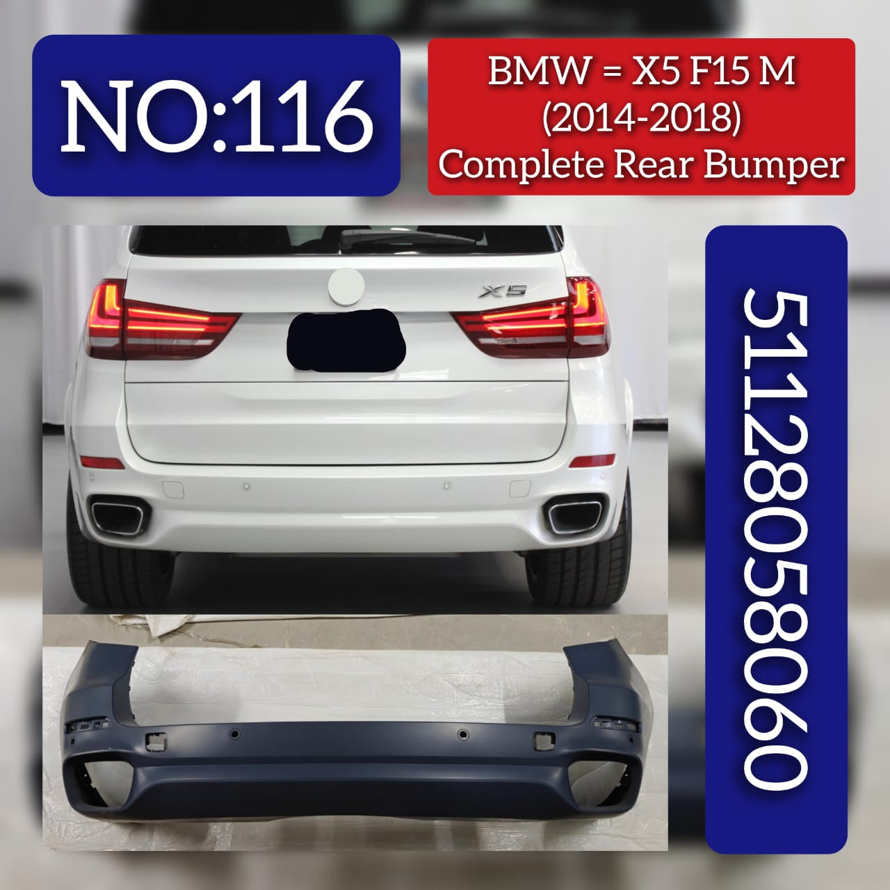 Rear Bumper 51128058060 Compatible With BMW  X5 F15 2014-2019 Tag No.116