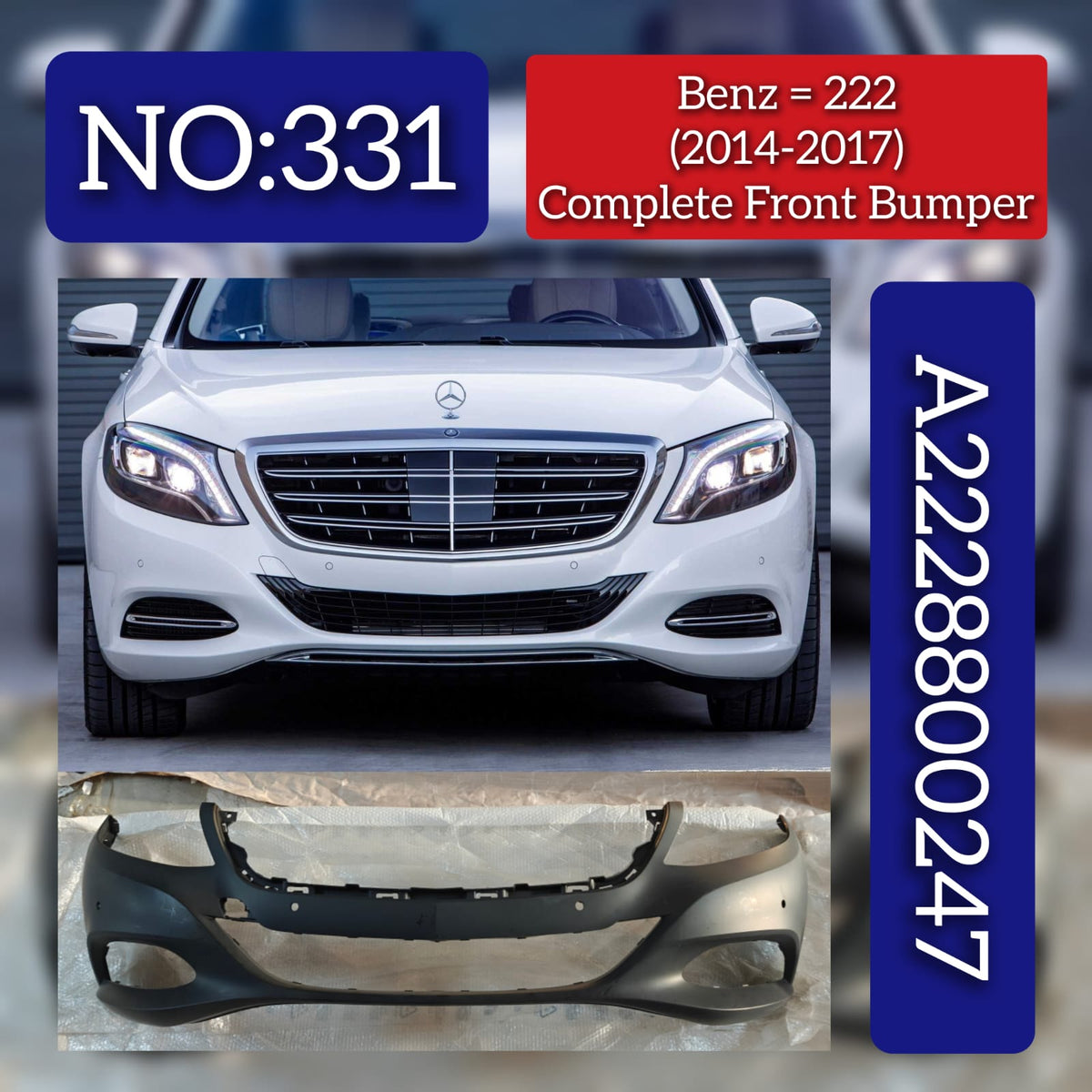 Front Bumper A2228800247 2228800247 Compatible With MERCEDES-BENZ S-CLASS (W222, V222, X222) 2014-2017 Tag No.331
