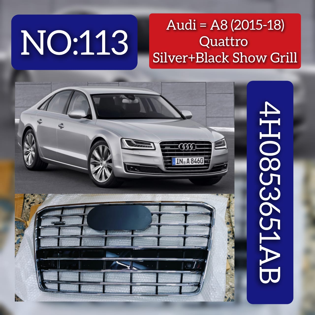 Show Grill 4H0853651AB 4H0853651ABT94 Compatible With AUDI A8  (2015-2018)