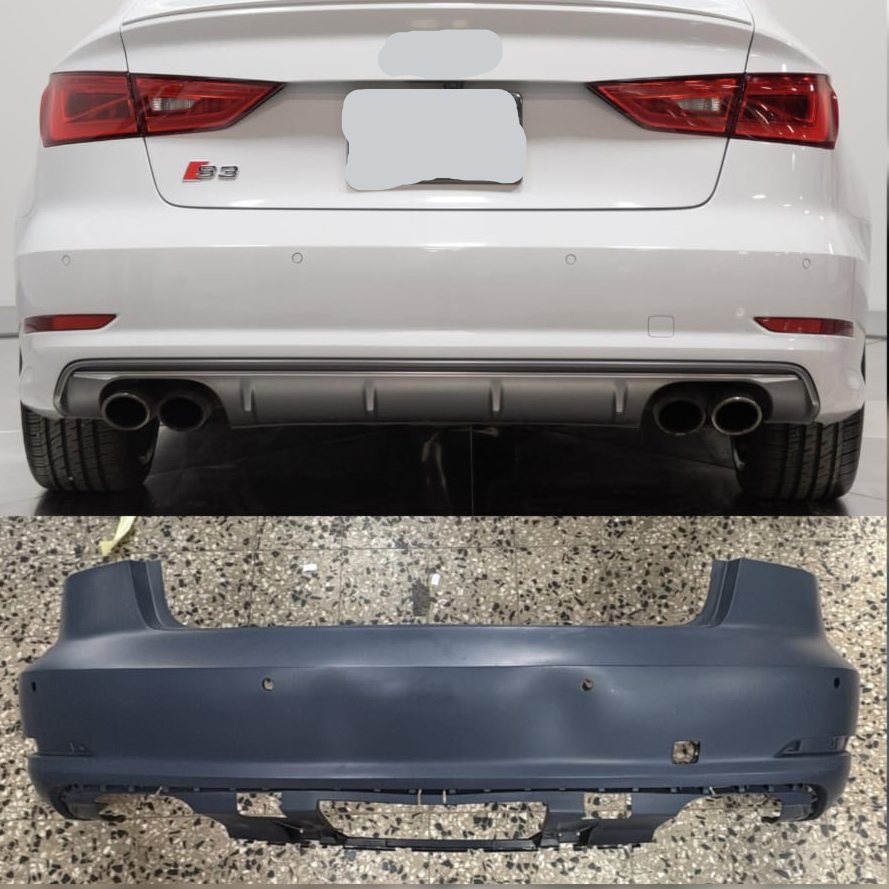 Audi S3 8V rear upper bumper with model details on a gray background