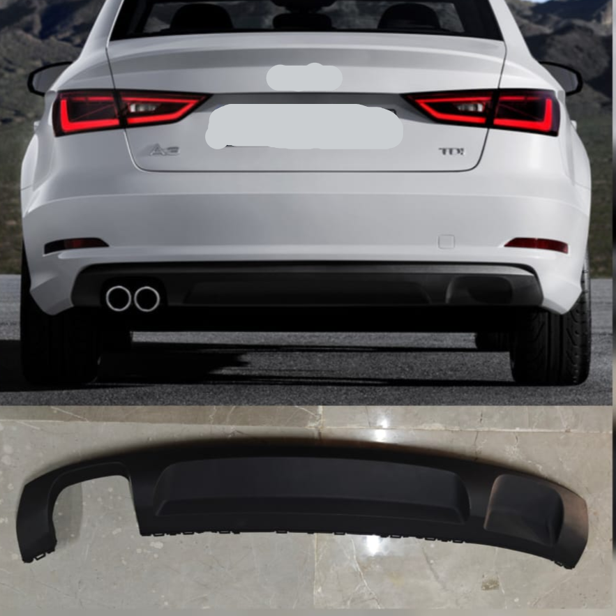 Audi A3 8V rear bumper with model details and part number on a gray background