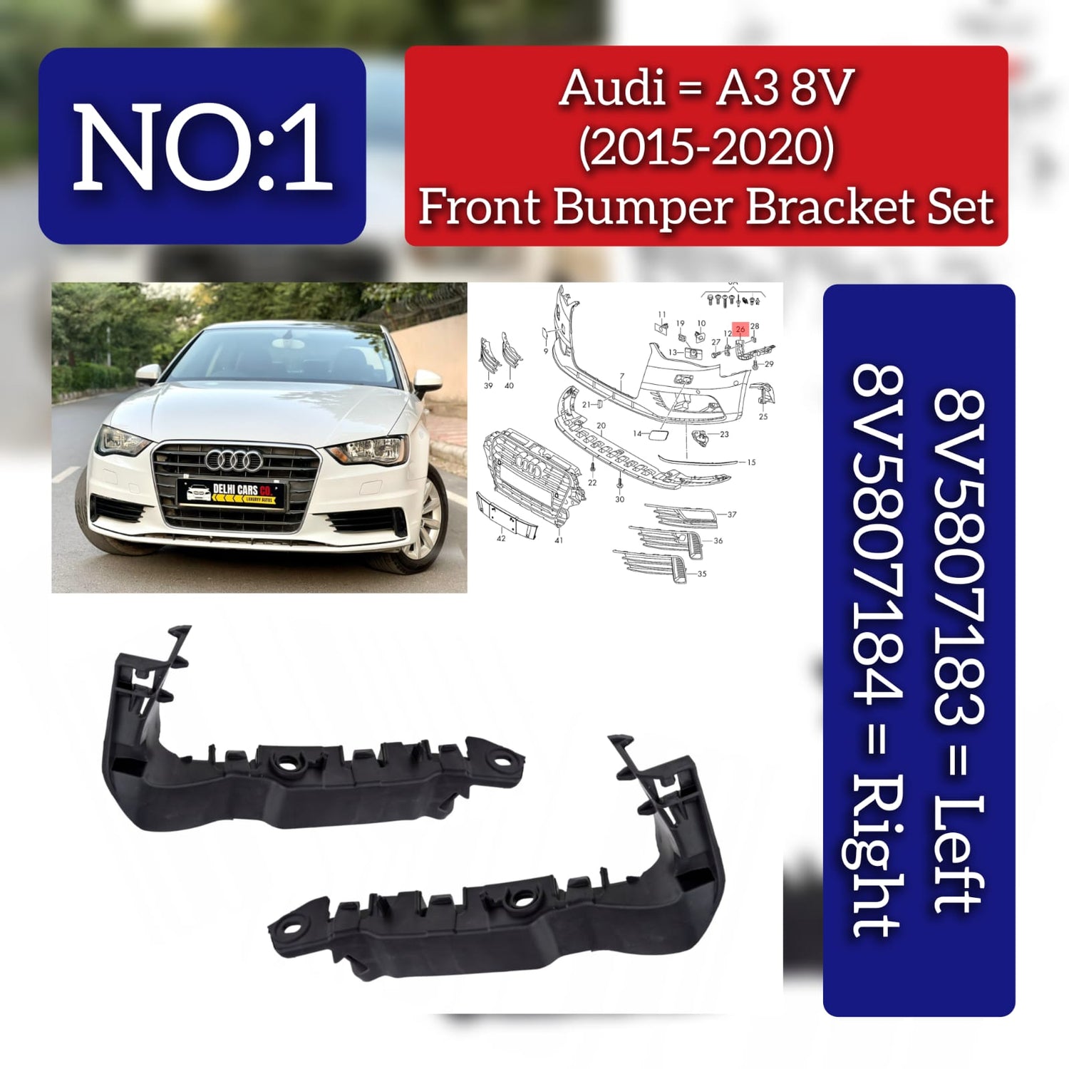 Front Bumper Brackets Left 8V5807183 & Right 8V5807184 Compatible With AUDI A3 Convertible (8V7, 8VE) | A3 / S3 A3 Limousine (8VS, 8VM) | A3 / S3 Tag No.1