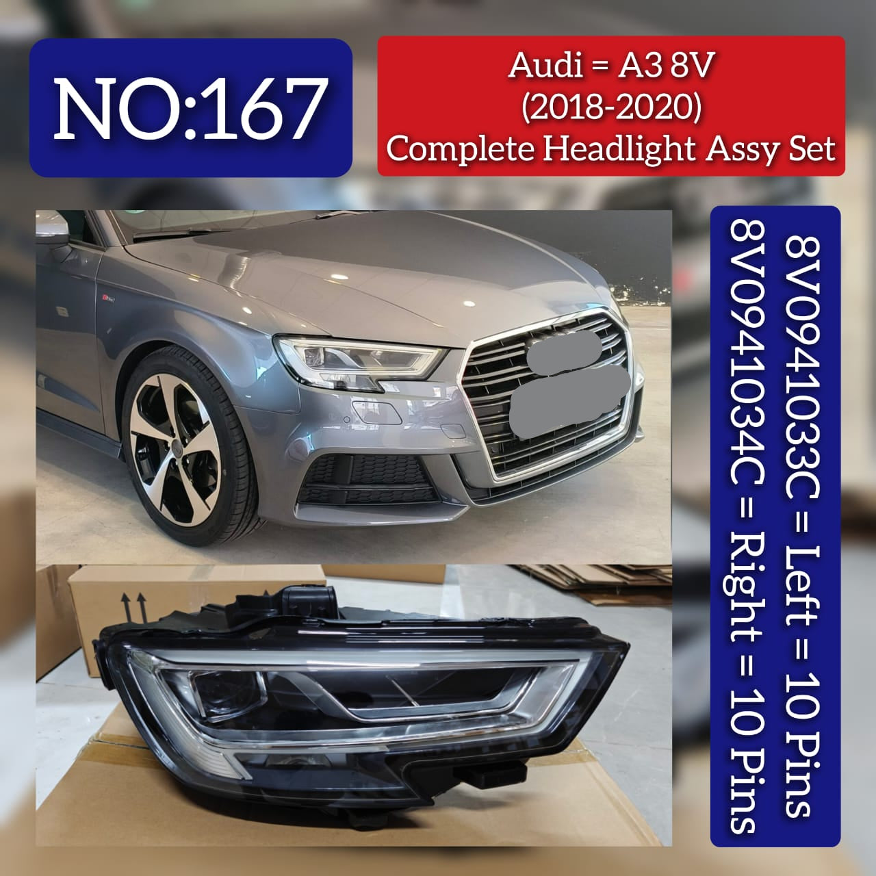 Headlight Headlamp Left 8V0941033C & Right 8V0941034C (Without Blaster) Compatible With AUDI A3 (2018-2020) No.167