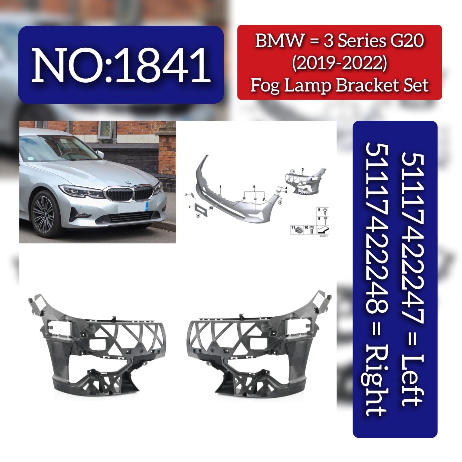 Fog Lamp Bracket Set Left 51117422247 Right 51117422248 Compatible with BMW 3 Series G20 (2019-2022) Tag No.1841
