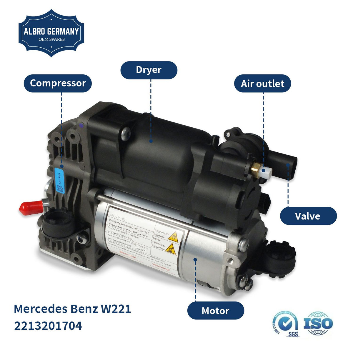 Air Suspension Compressor Pump 2213201604  Compatible With MERCEDES-BENZ S-CLASS W221, V221
