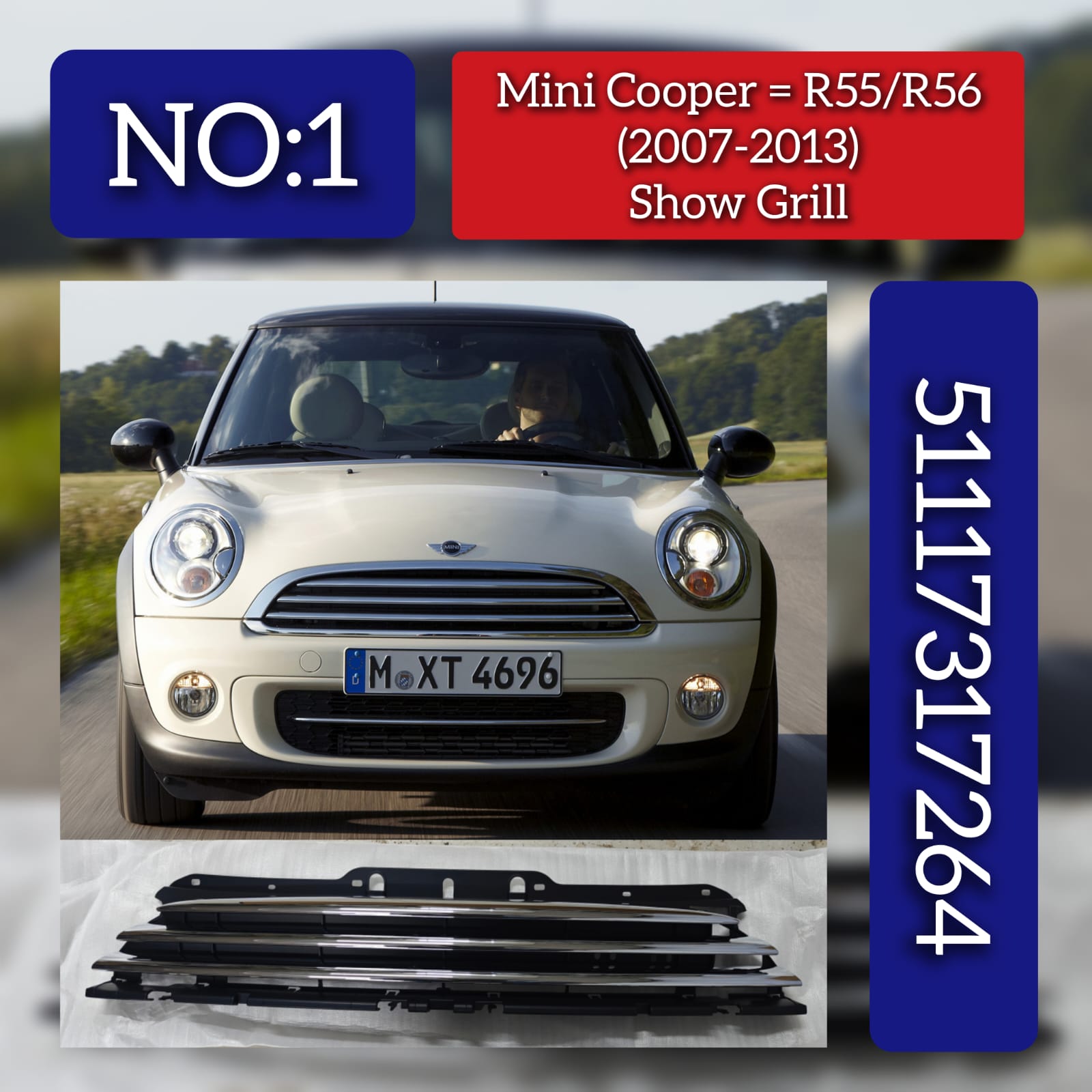 Front Grille Center Chrome 51117317264 51112752364 Compatible With Mini Cooper S (R56) Tag No.1