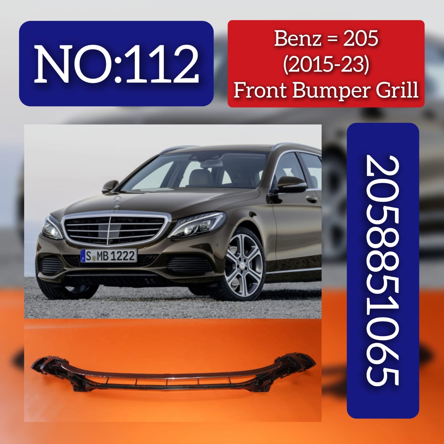 Front Bumper Grill 2058851065 Compatible with MERCEDES-BENZ C-CLASS W205 (2015-2023) Tag No.112