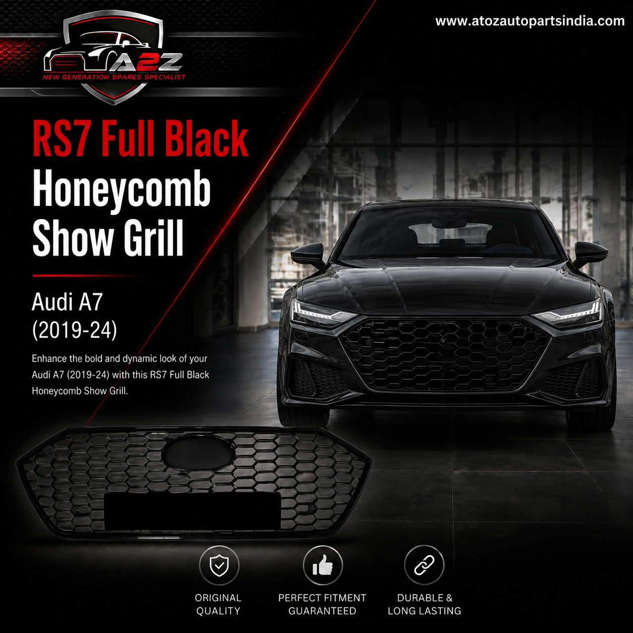 RS7 Full Black Honeycomb Show Grill Compatible With Audi = A7 (2019-24) Tag No.242