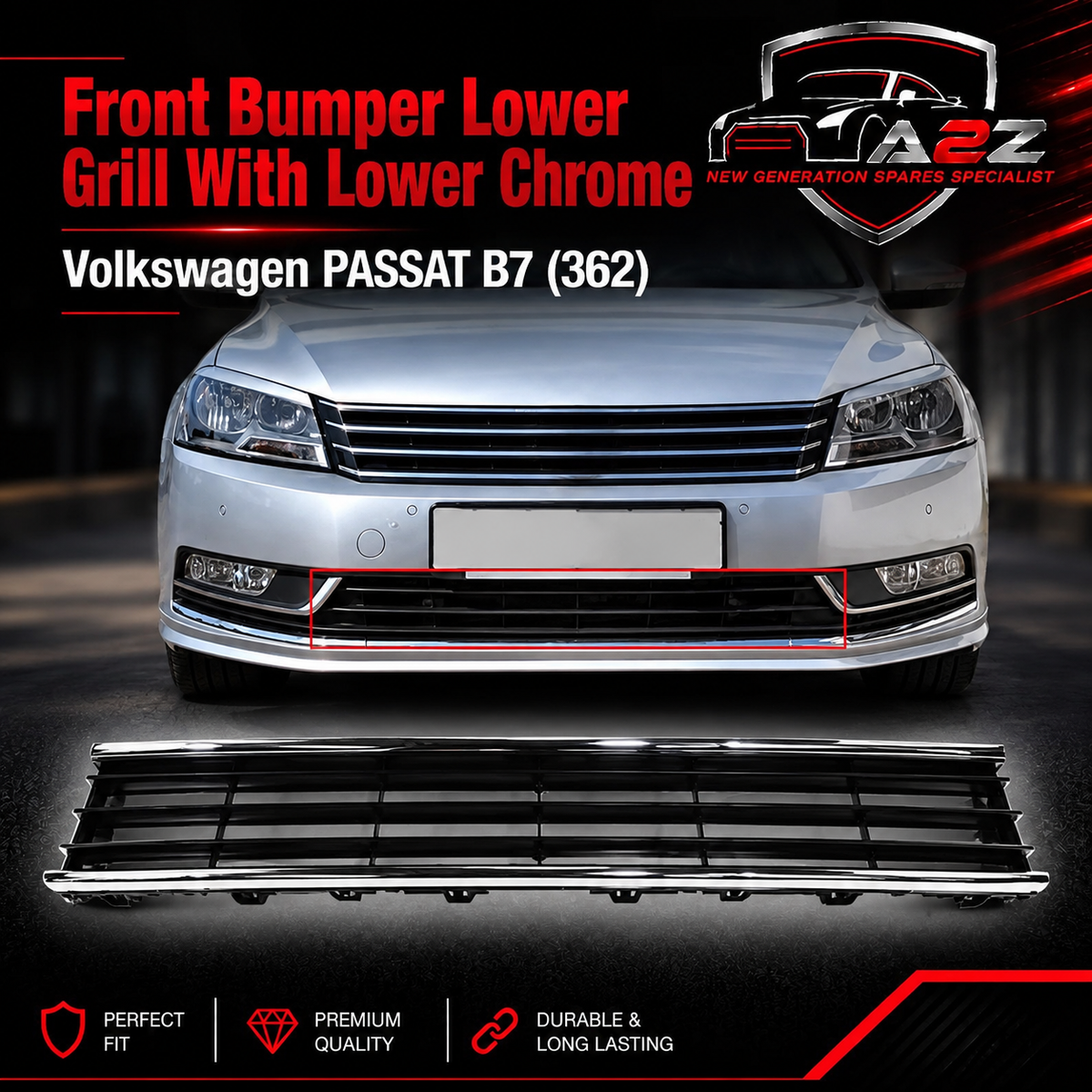 Front Bumper Lower Grill  With Lower Chrome 3AA853677 Compatible With Volkswagen  PASSAT B7 (362) Tag No.166