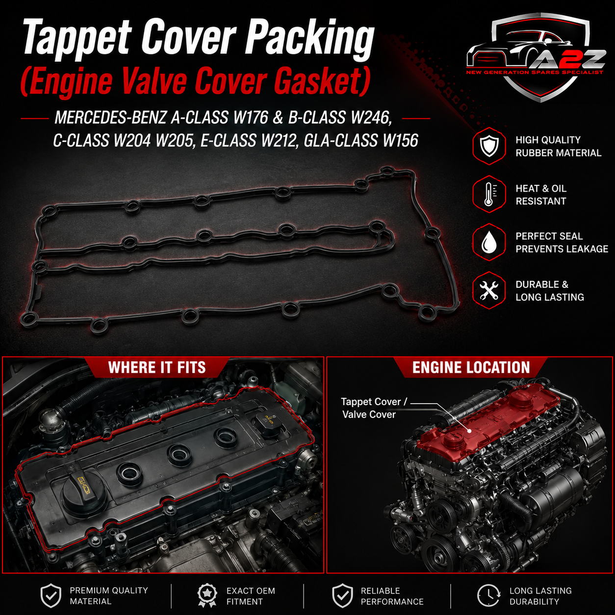 Tappet Cover Packing (Engine Valve Cover Gasket) 6510160321 A6510160321 Compatible With  MERCEDES-BENZ A-CLASS W176 & B-CLASS W246, C-CLASS W204 W205, E-CLASS W212, GLA-CLASS W156 Tag-TC-04