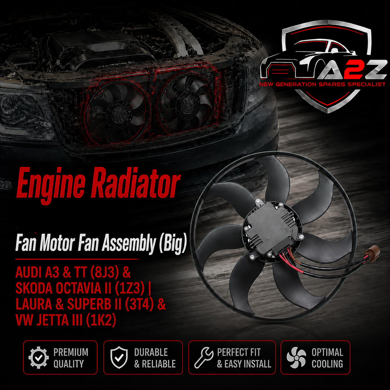 Engine Cooling Fan Motor Fan Assembly (Big) 3C0959455F 1K0959455FR Compatible With AUDI A3 & TT (8J3) & SKODA OCTAVIA II (1Z3) | LAURA & SUPERB II (3T4) &VW JETTA III (1K2)