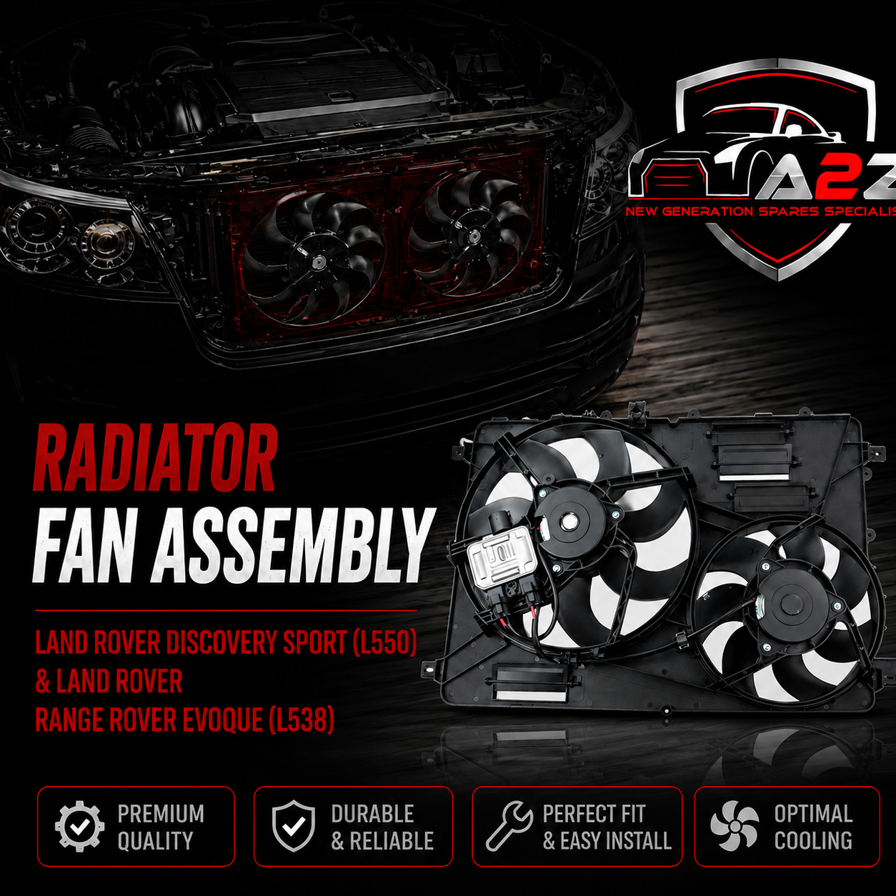 Radiator Fan Assembly LR044833 LR100366 Compatible With Land Rover Discovery Sport  (L550) & Land Rover Range Rover Evoque  (L538)