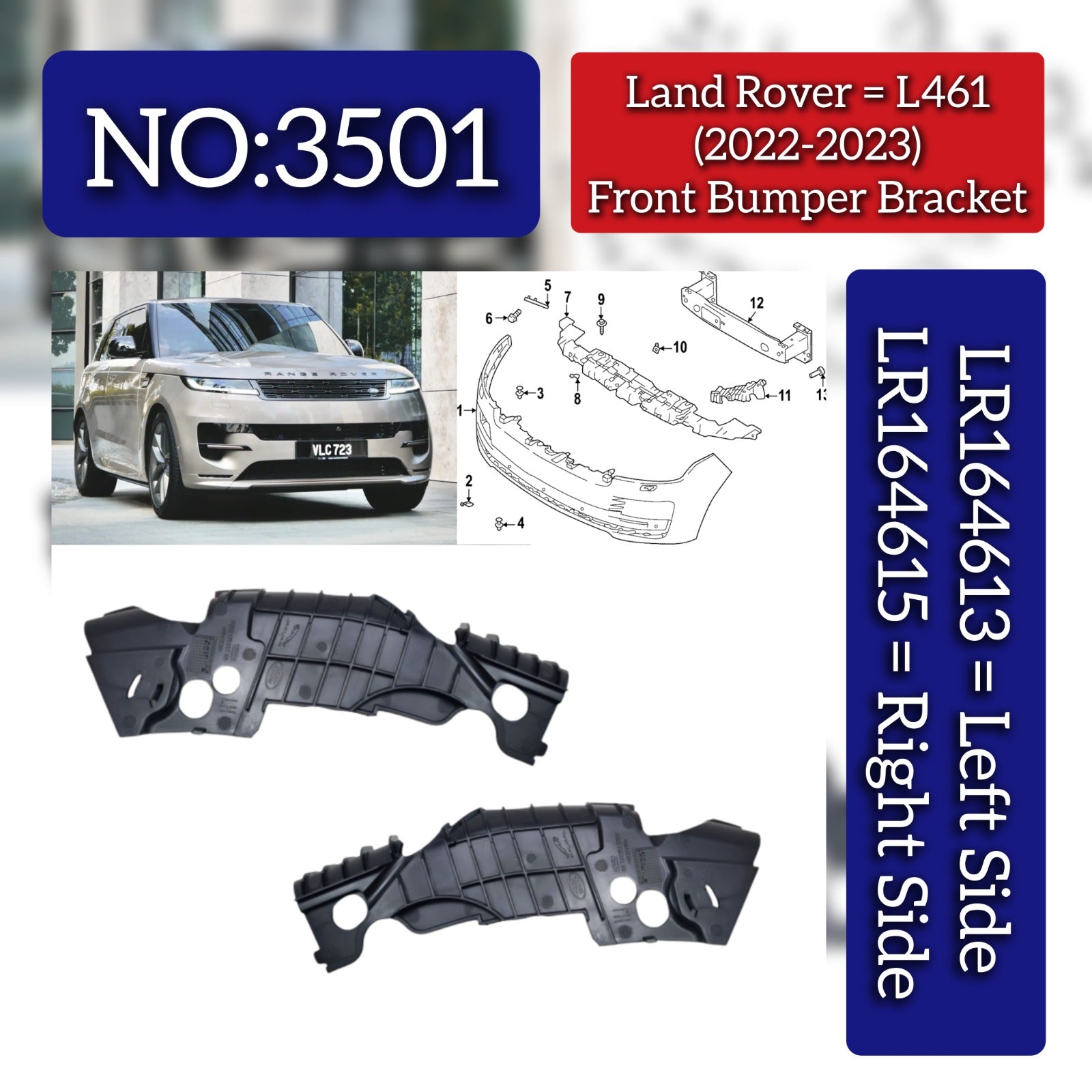 Front Bumper Bracket Left  LR164613 & Right LR164615 Compatible With Range Rover L461 (2020-2022) Tag No.3501