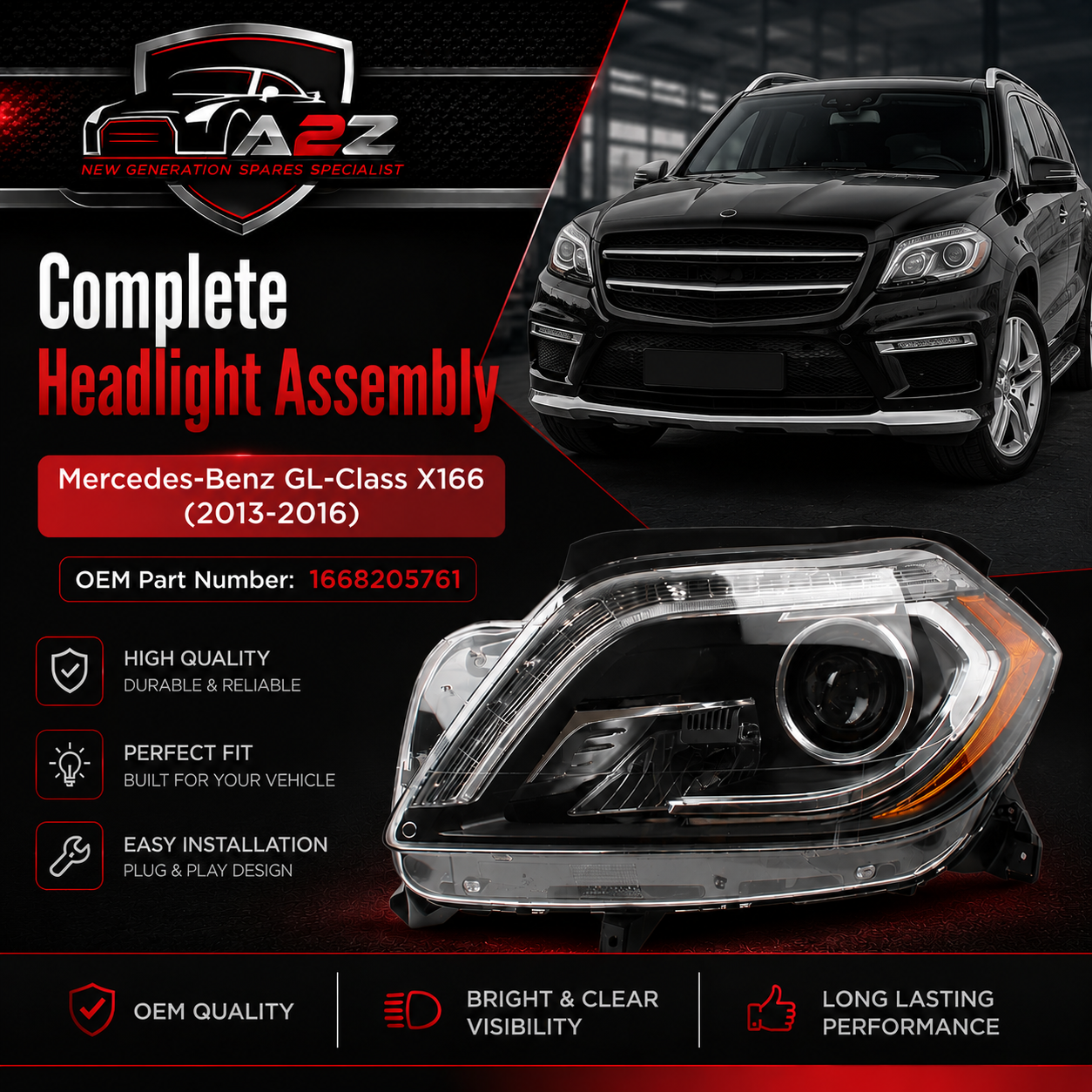 Complete Headlight Set Left 1668205761 & Right 1668205861 Compatible With Mercedes Benz X166 (2013-16)