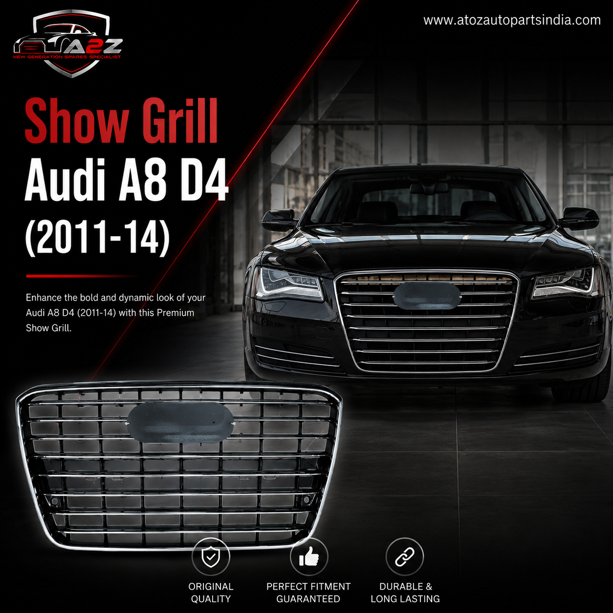 Show Grill Compatible With Audi A8 D4(2011-14) Original Silver Chrome