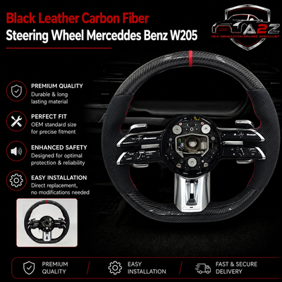 Black Leather Carbon Fiber Steering Wheel Compatible With Mercedes Benz W205