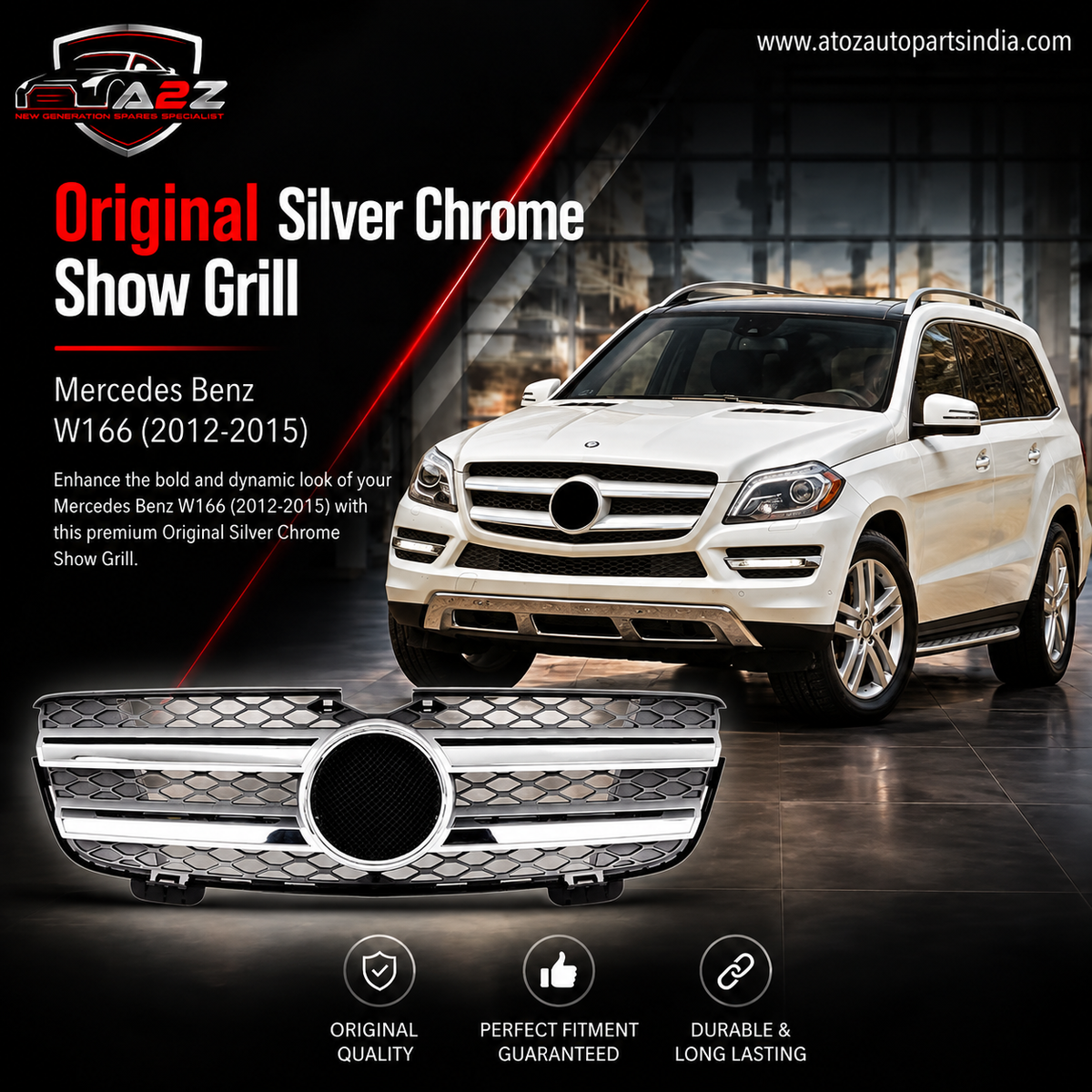 Original Silver Chrome Show Grill Compatible With Mercedes Benz GL-Class W166 Tag 233