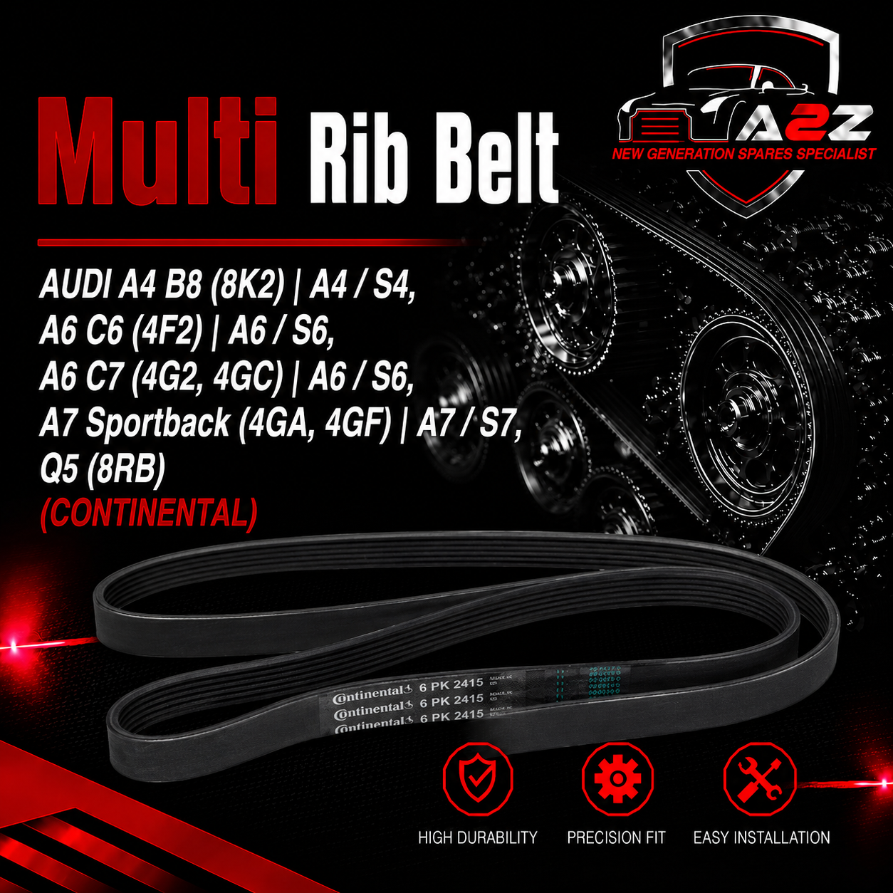 Multi RIB Belt 6PK2415 06E903137A 06E903137J Compatible With AUDI A4 B8 (8K2) | A4 / S4, A6 C6 (4F2) | A6 / S6, A6 C7 (4G2, 4GC) | A6 / S6, A7 Sportback (4GA, 4GF) | A7 / S7, Q5 (8RB) (CONTINENTAL)