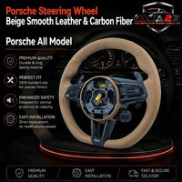 Carbon Fiber & Full Beige Leather Steering Wheel with Drive Mode Selector Compatible With Porsche All Models